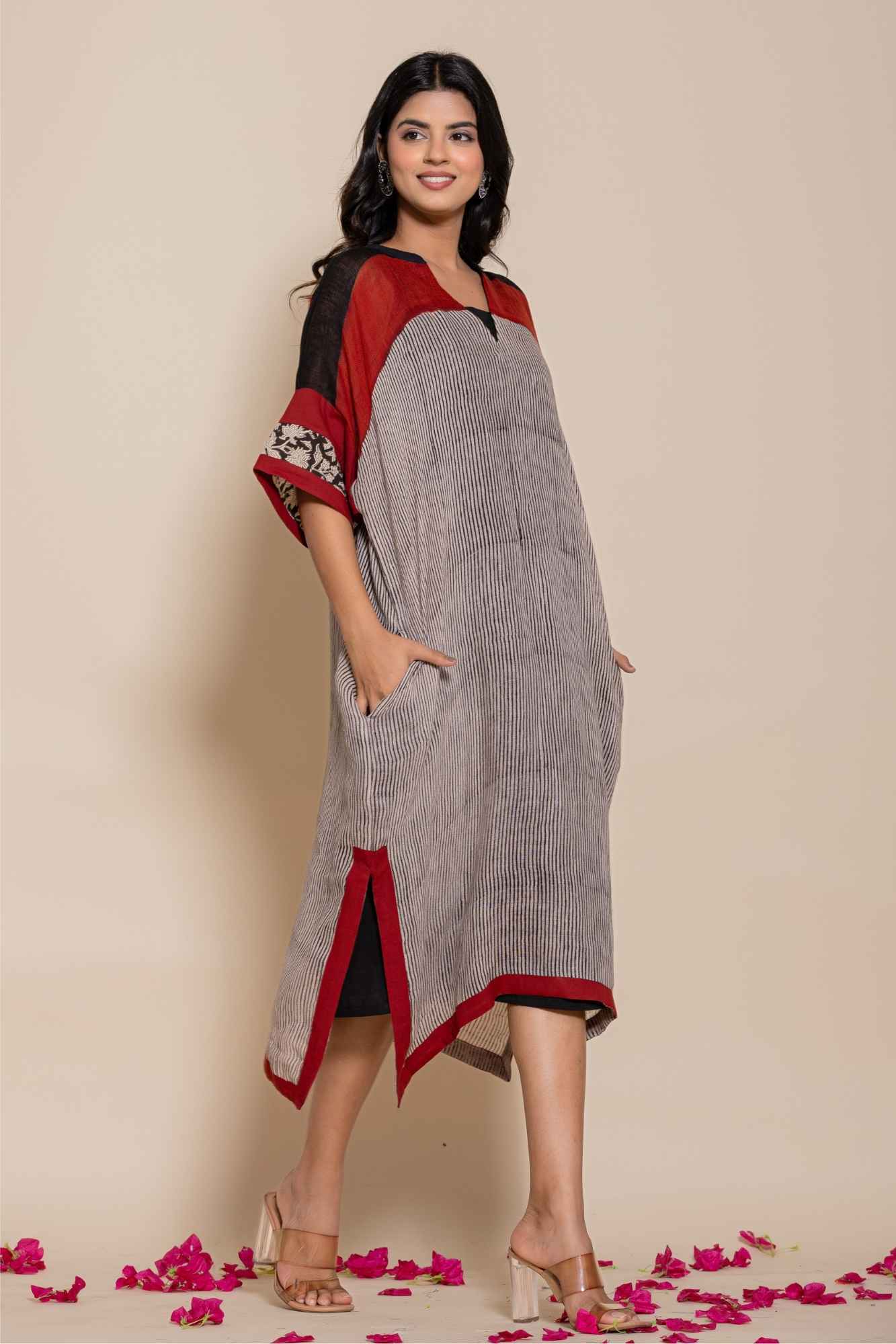 Naksh Pure Linen Free Size Black Kaftan-Dress With Customizable Inner