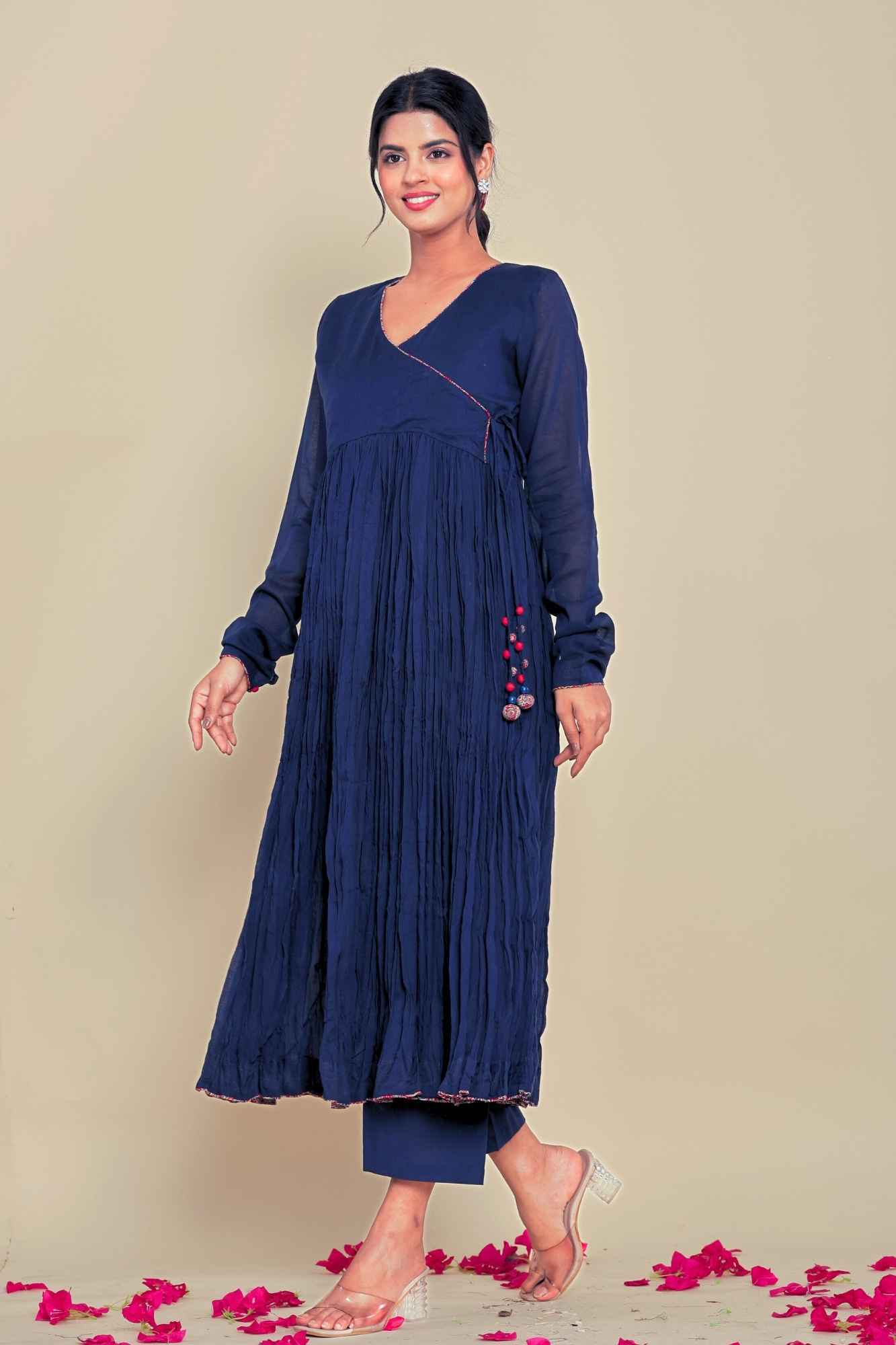 (Set of 2) Naksh Cotton Dark Blue Angarkha Style Gathered Long Kurta And Pants