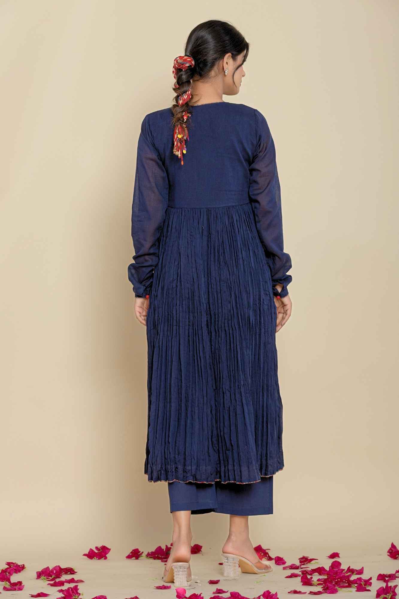 (Set of 2) Naksh Cotton Dark Blue Angarkha Style Gathered Long Kurta And Pants