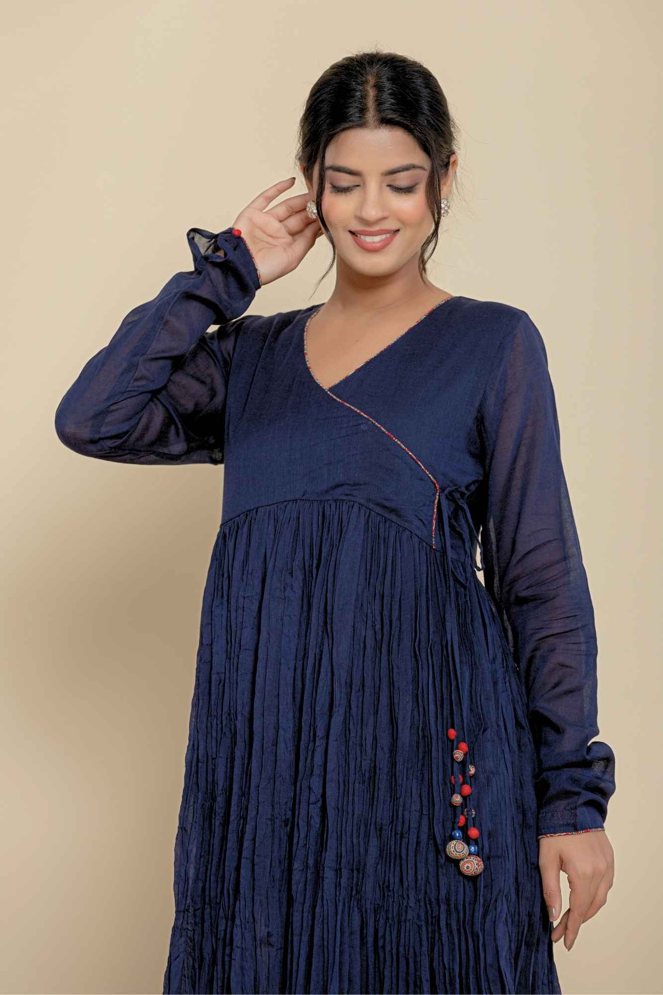 (Set of 2) Naksh Cotton Dark Blue Angarkha Style Gathered Long Kurta And Pants