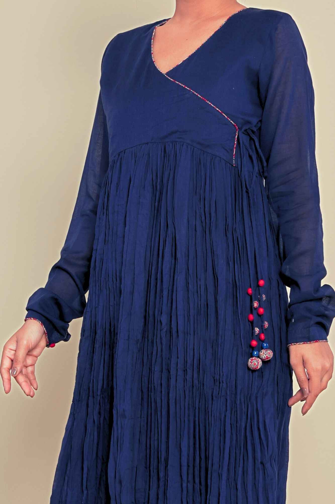 (Set of 2) Naksh Cotton Dark Blue Angarkha Style Gathered Long Kurta And Pants