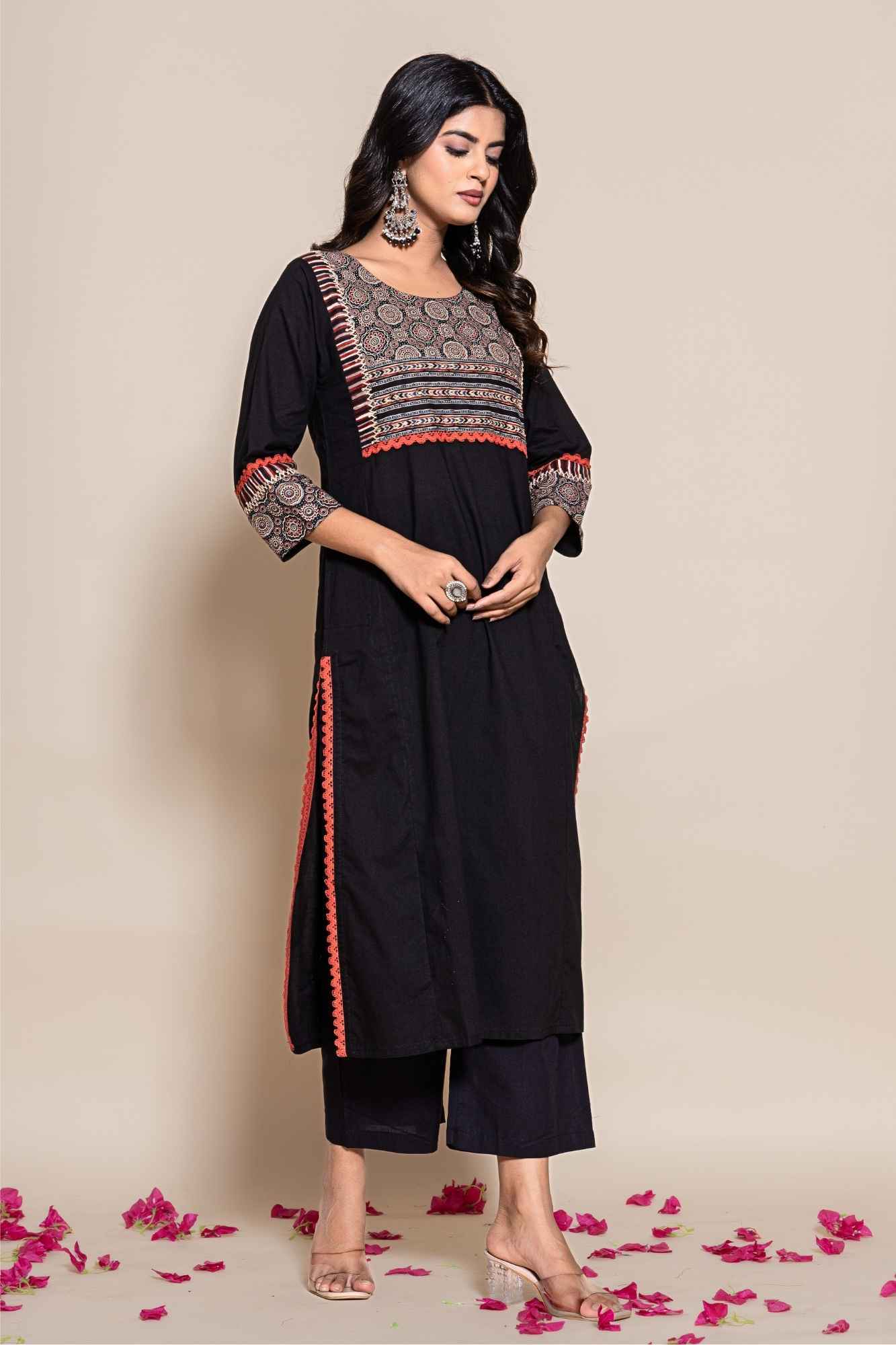 Naksh Solid Black Straight Kurta Printed Yoke