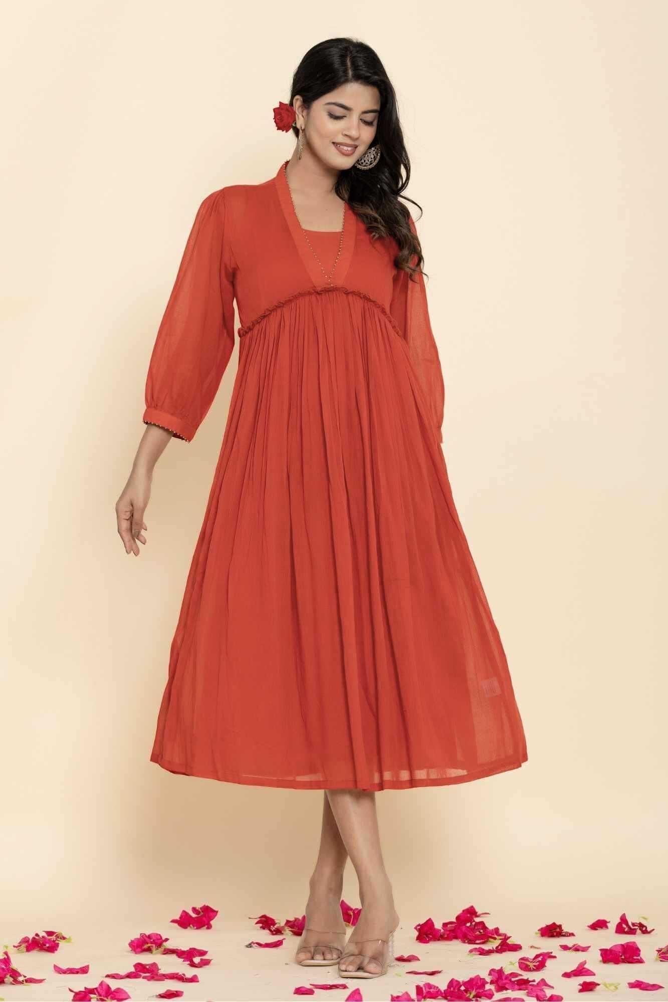 Naksh Rust Mulmul Gathered Kurta-Dress - Naksh Jaipur