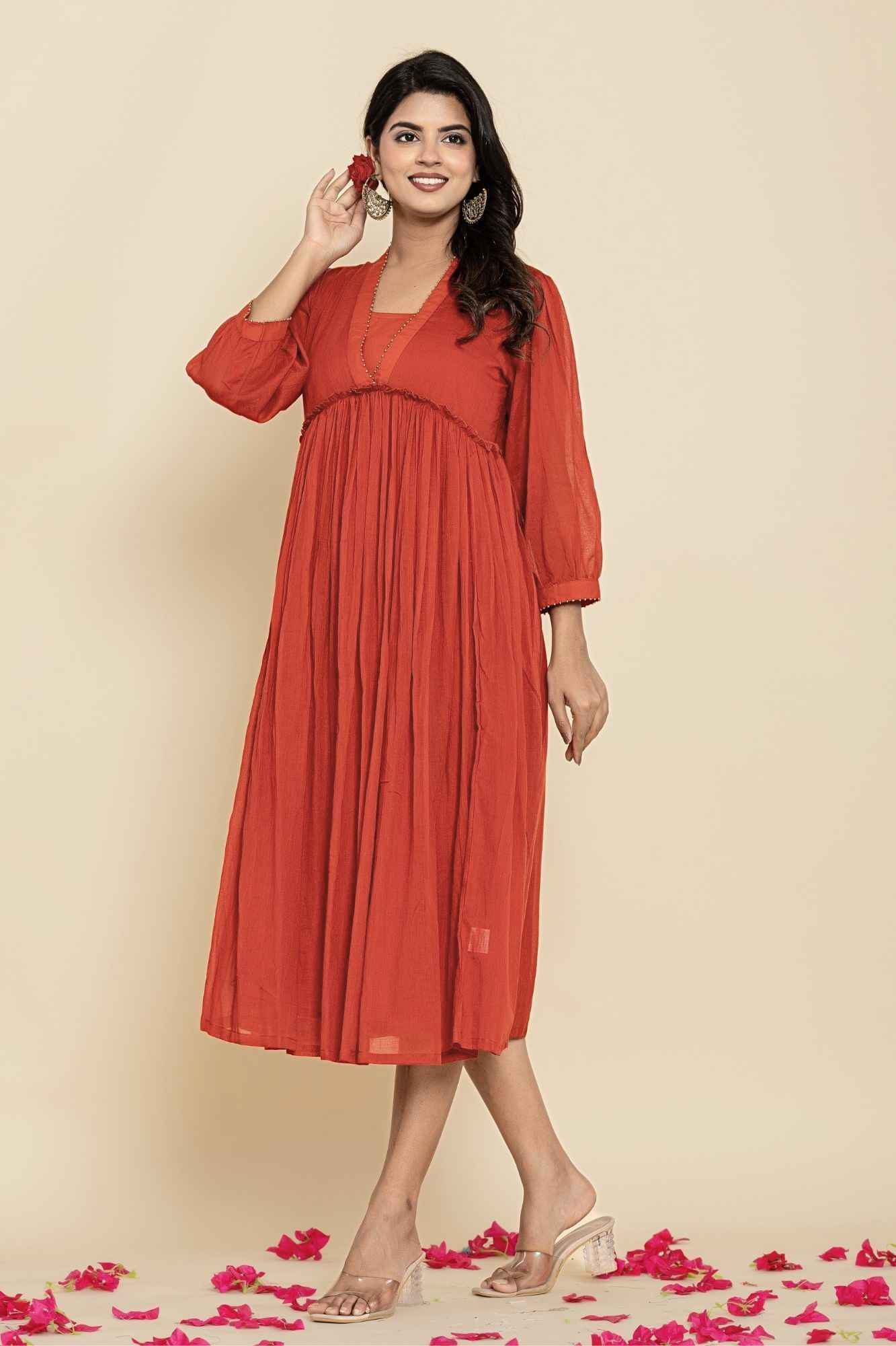 Naksh Rust Mulmul Gathered Kurta-Dress