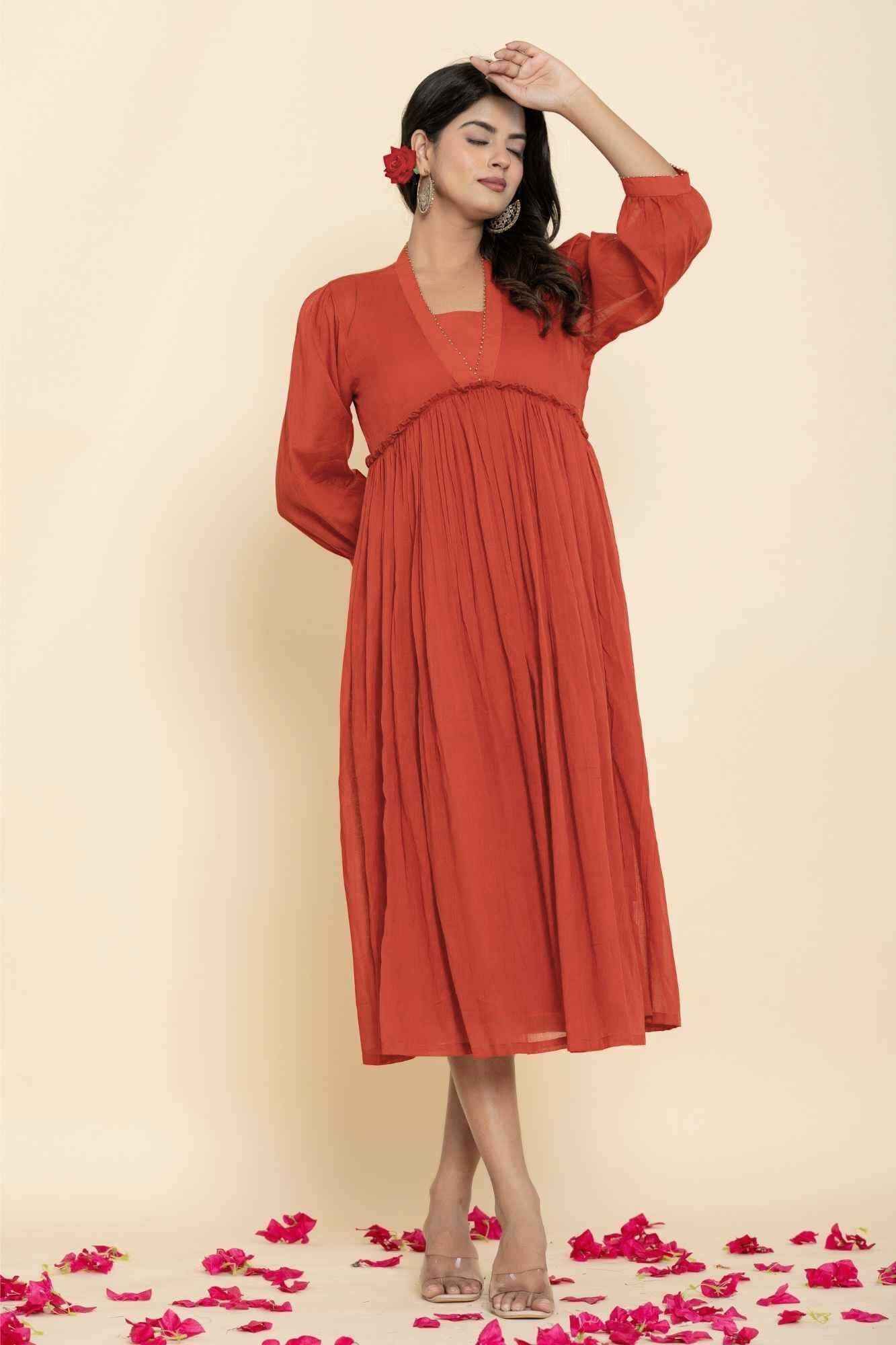 Naksh Rust Mulmul Gathered Kurta-Dress