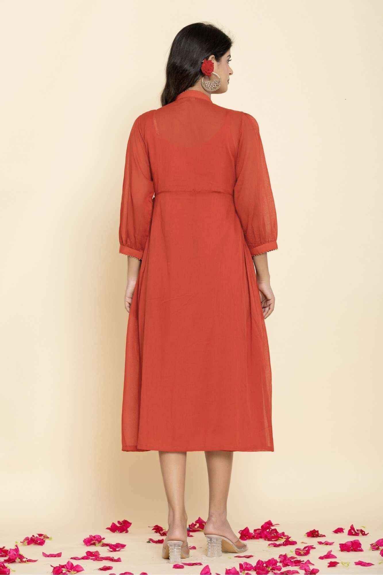 Naksh Rust Mulmul Gathered Kurta-Dress