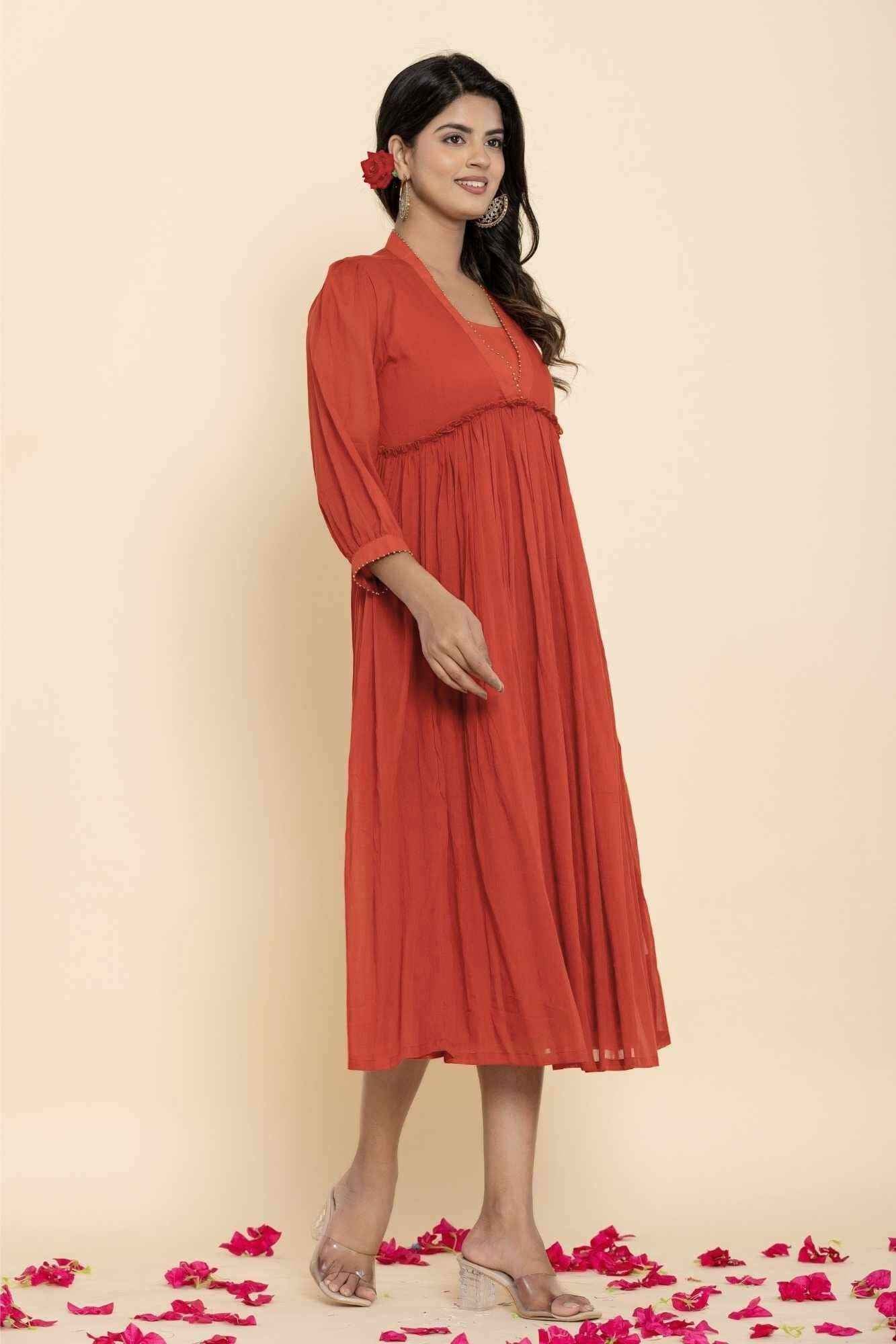 Naksh Rust Mulmul Gathered Kurta-Dress