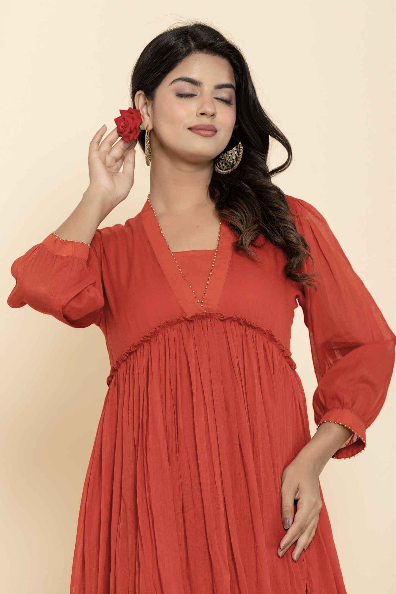 Naksh Rust Mulmul Gathered Kurta-Dress