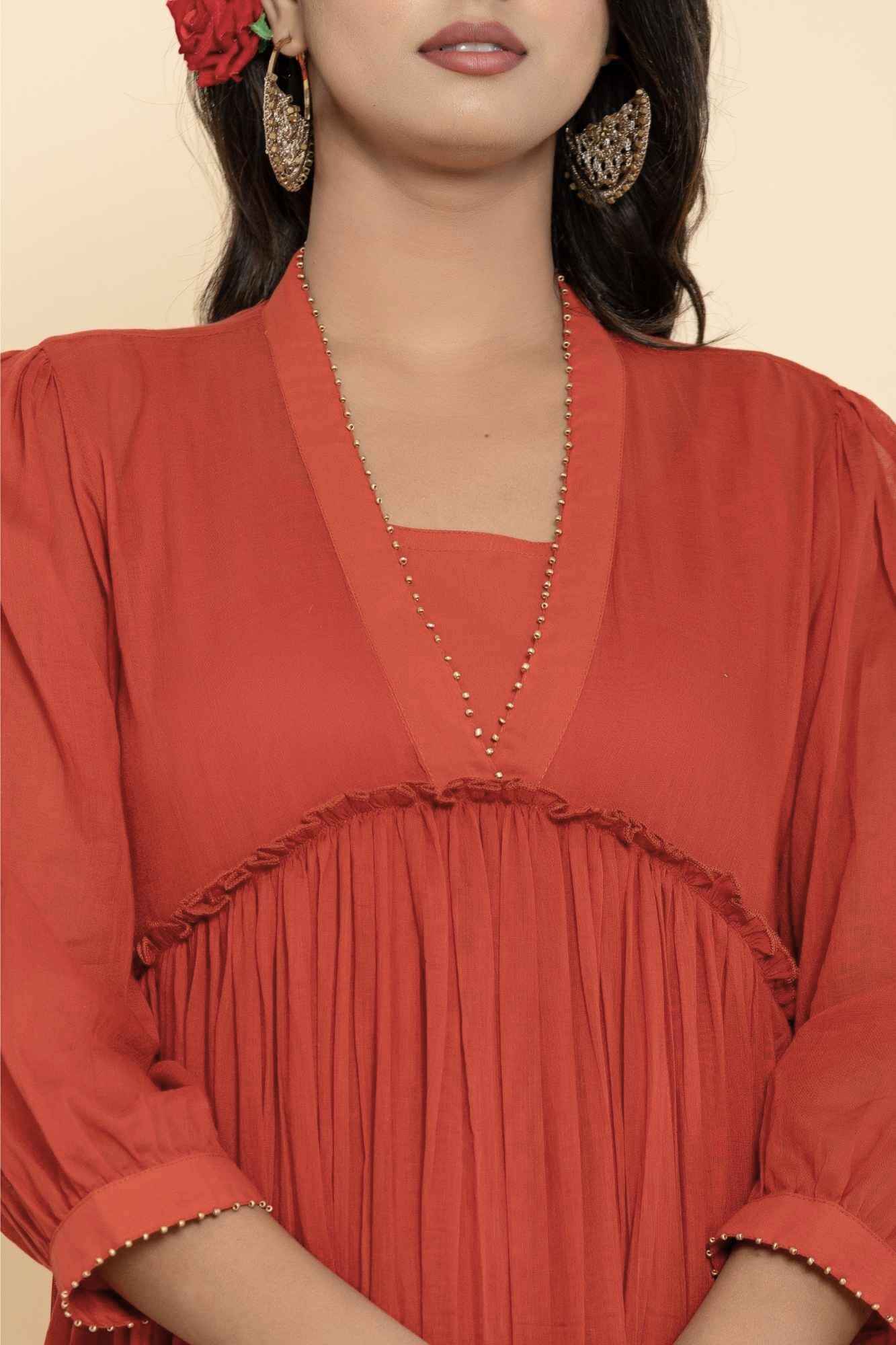 Naksh Rust Mulmul Gathered Kurta-Dress