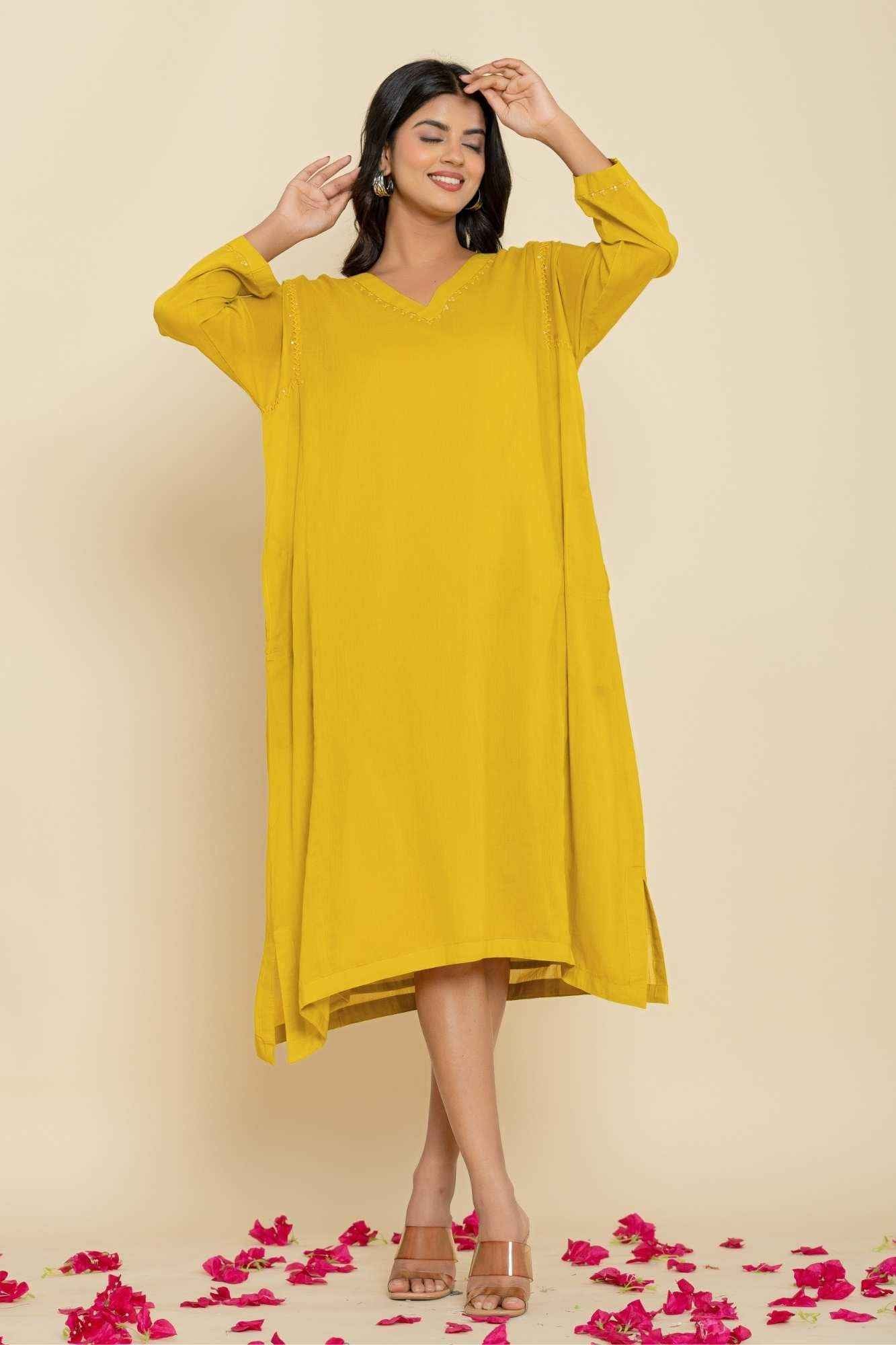 Naksh Yellow Solid Cotton Mulmul(Voile) With Inner Kaftan-Dress