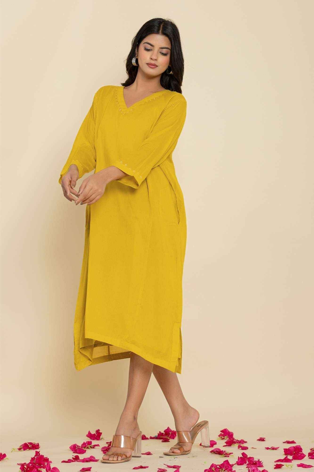 Naksh Yellow Solid Cotton Mulmul(Voile) With Inner Kaftan-Dress