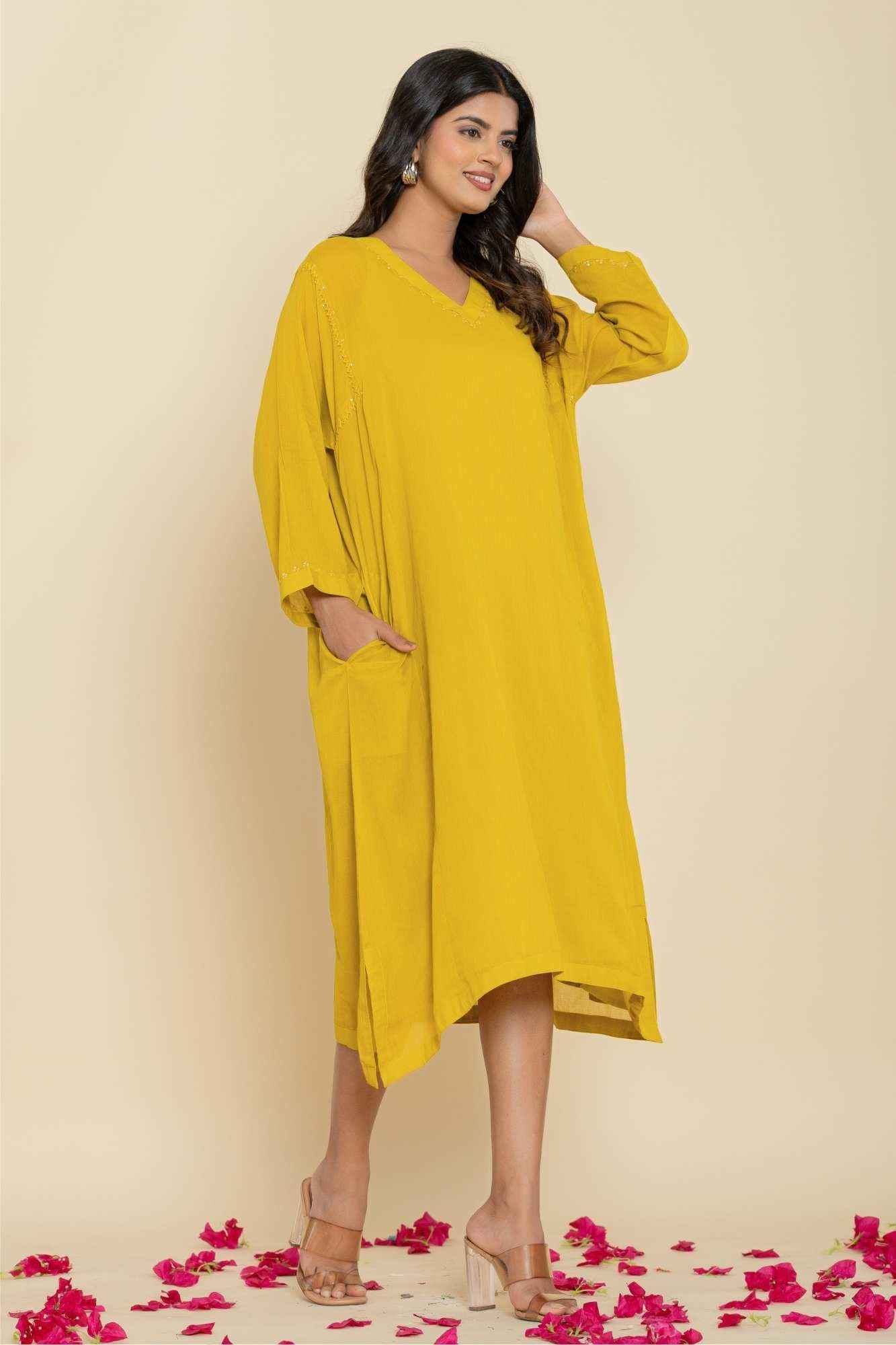 Naksh Yellow Solid Cotton Mulmul(Voile) With Inner Kaftan-Dress
