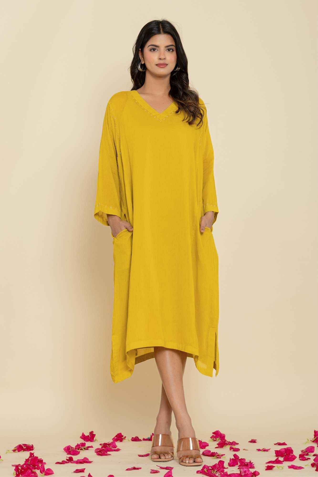 Naksh Yellow Solid Cotton Mulmul(Voile) With Inner Kaftan-Dress