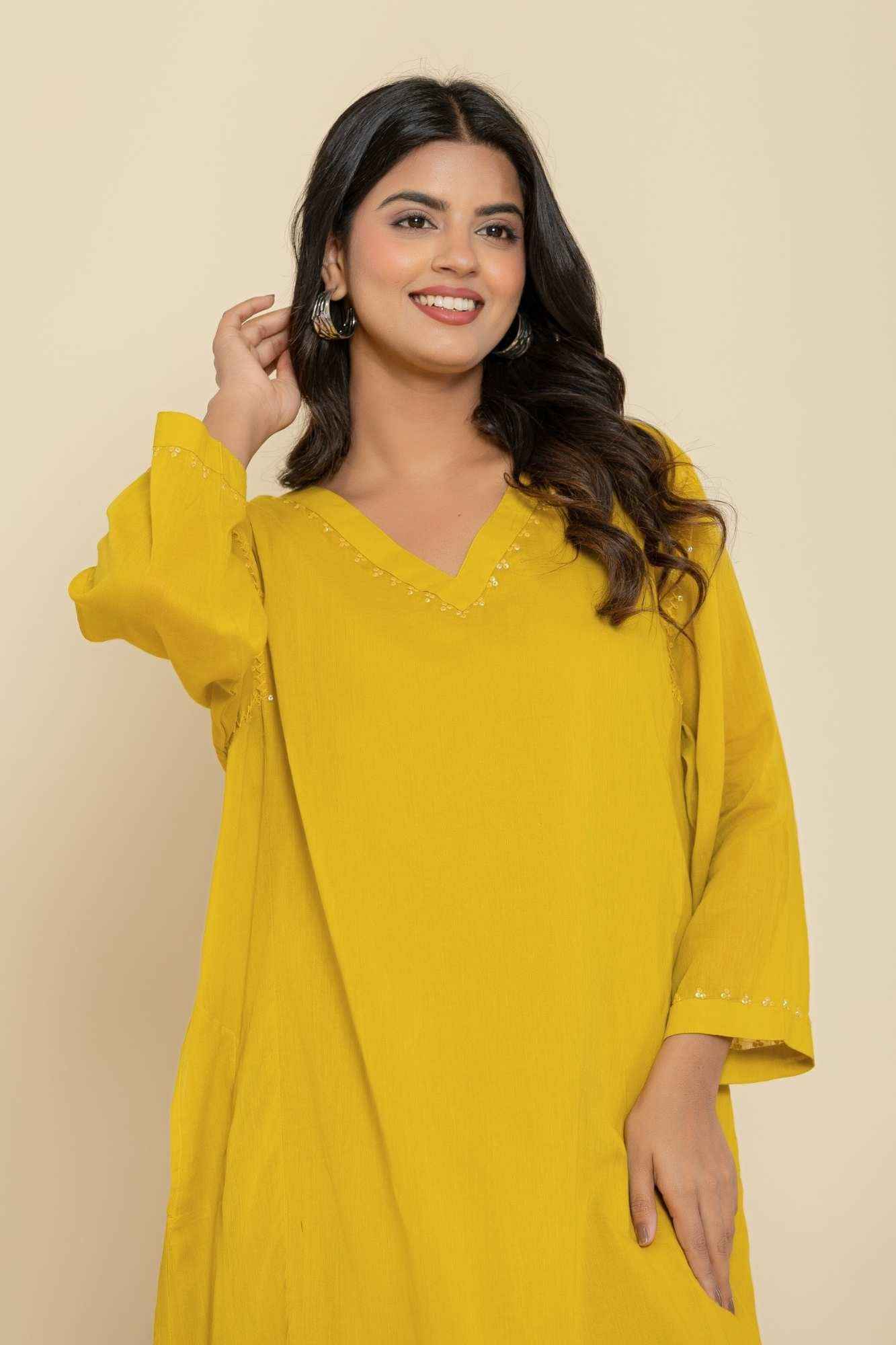 Naksh Yellow Solid Cotton Mulmul(Voile) With Inner Kaftan-Dress