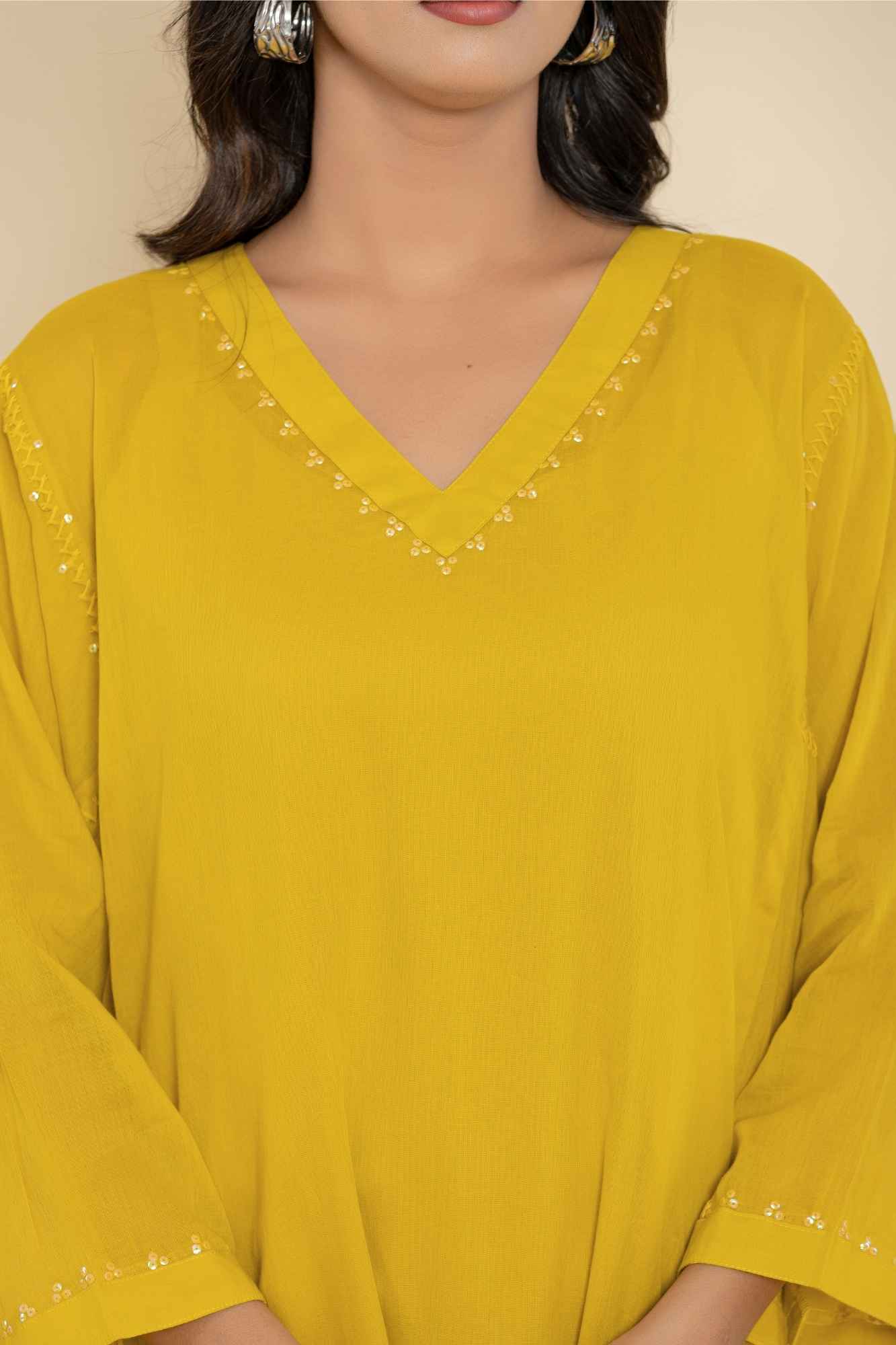 Naksh Yellow Solid Cotton Mulmul(Voile) With Inner Kaftan-Dress