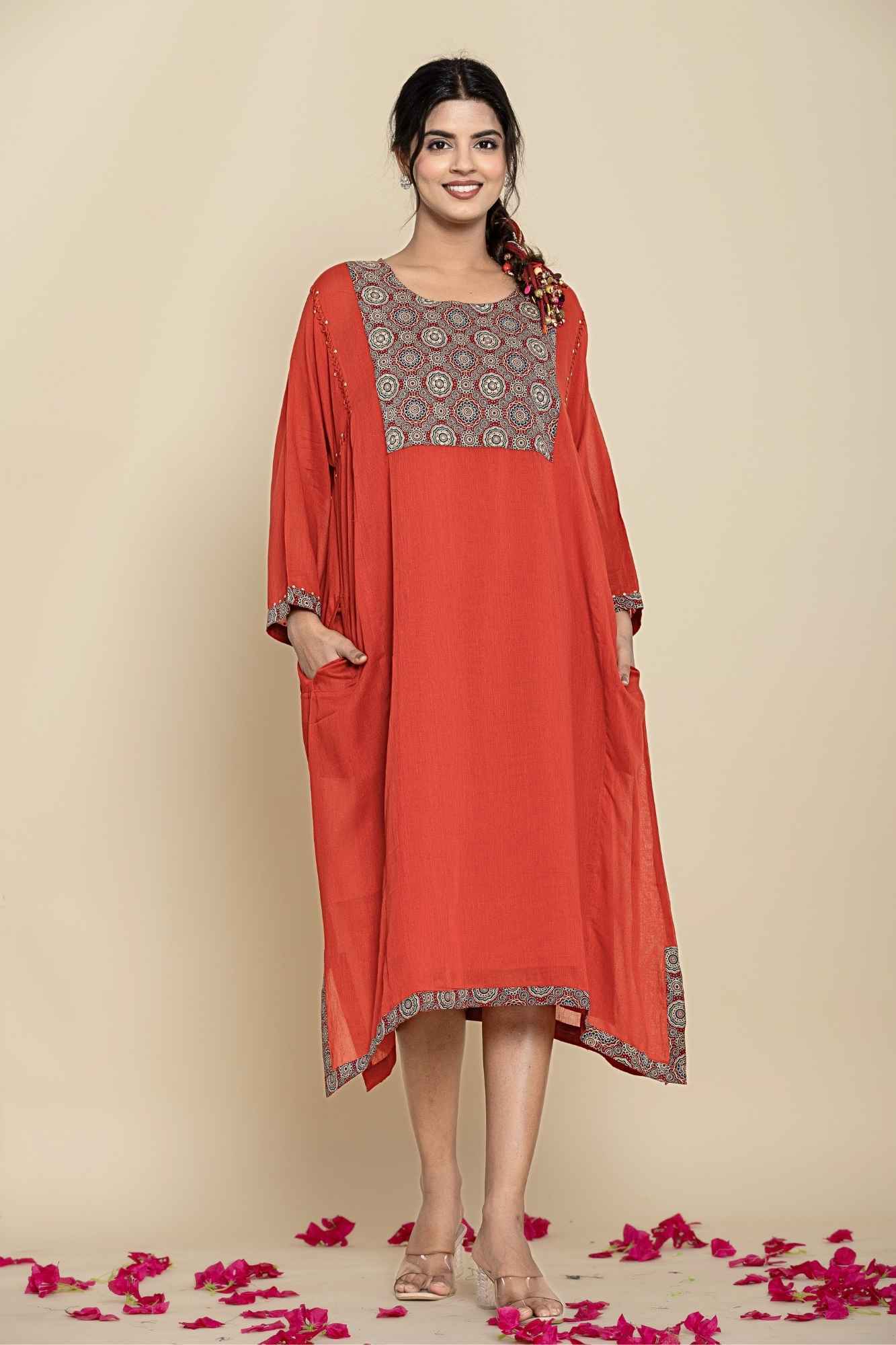 Naksh Rust Solid Cotton Mulmul(Voile) With Inner Kaftan-Dress