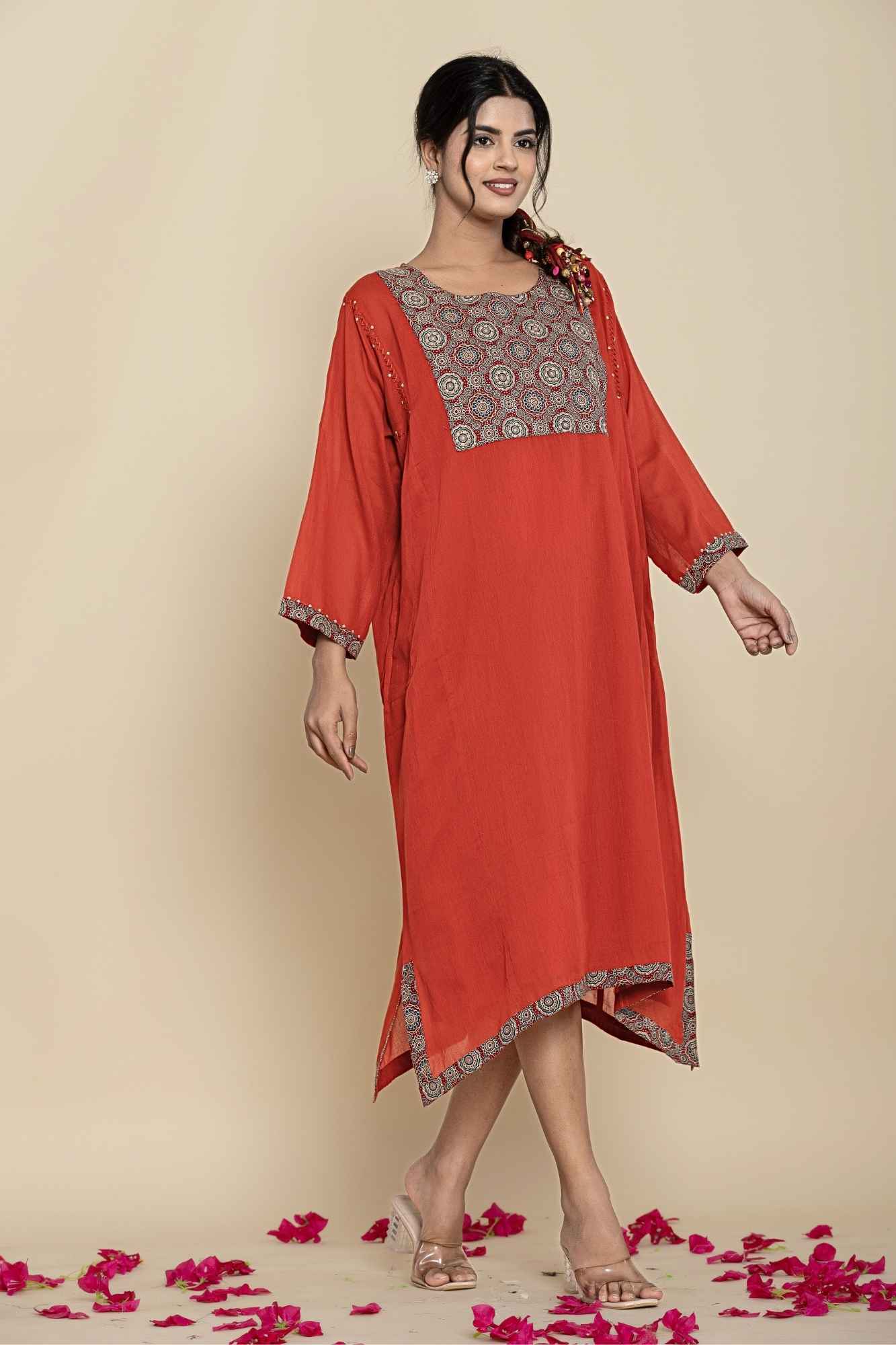 Naksh Rust Solid Cotton Mulmul(Voile) With Inner Kaftan-Dress