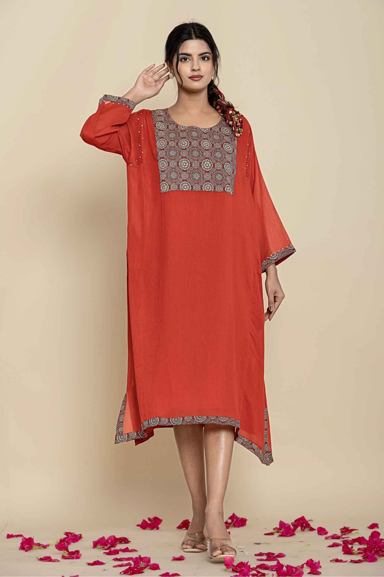 Naksh Rust Solid Cotton Mulmul(Voile) With Inner Kaftan-Dress