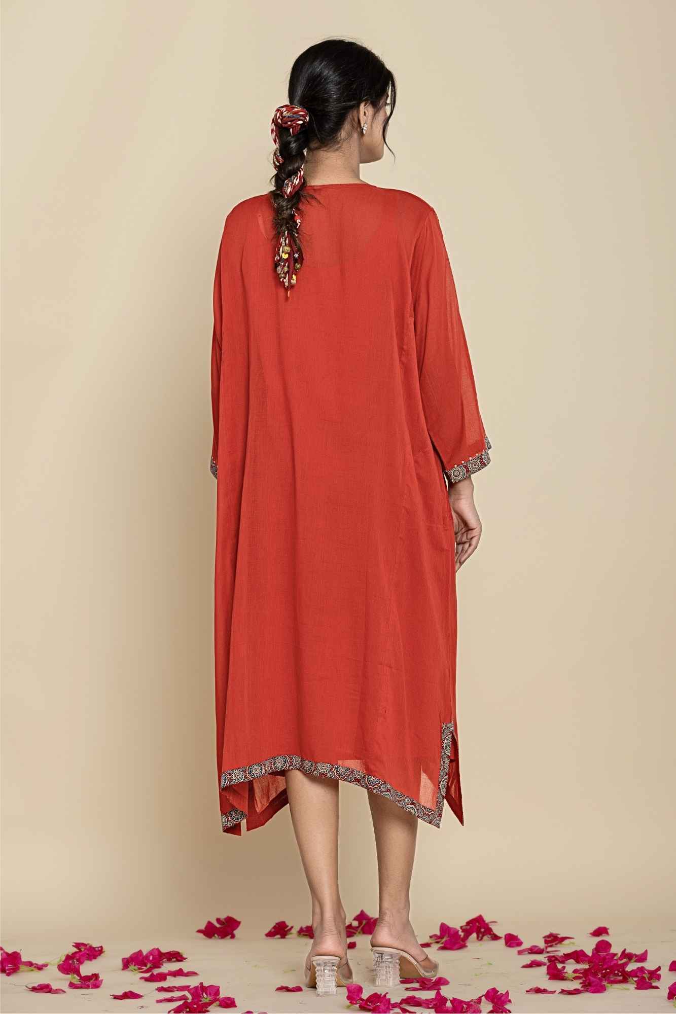 Naksh Rust Solid Cotton Mulmul(Voile) With Inner Kaftan-Dress