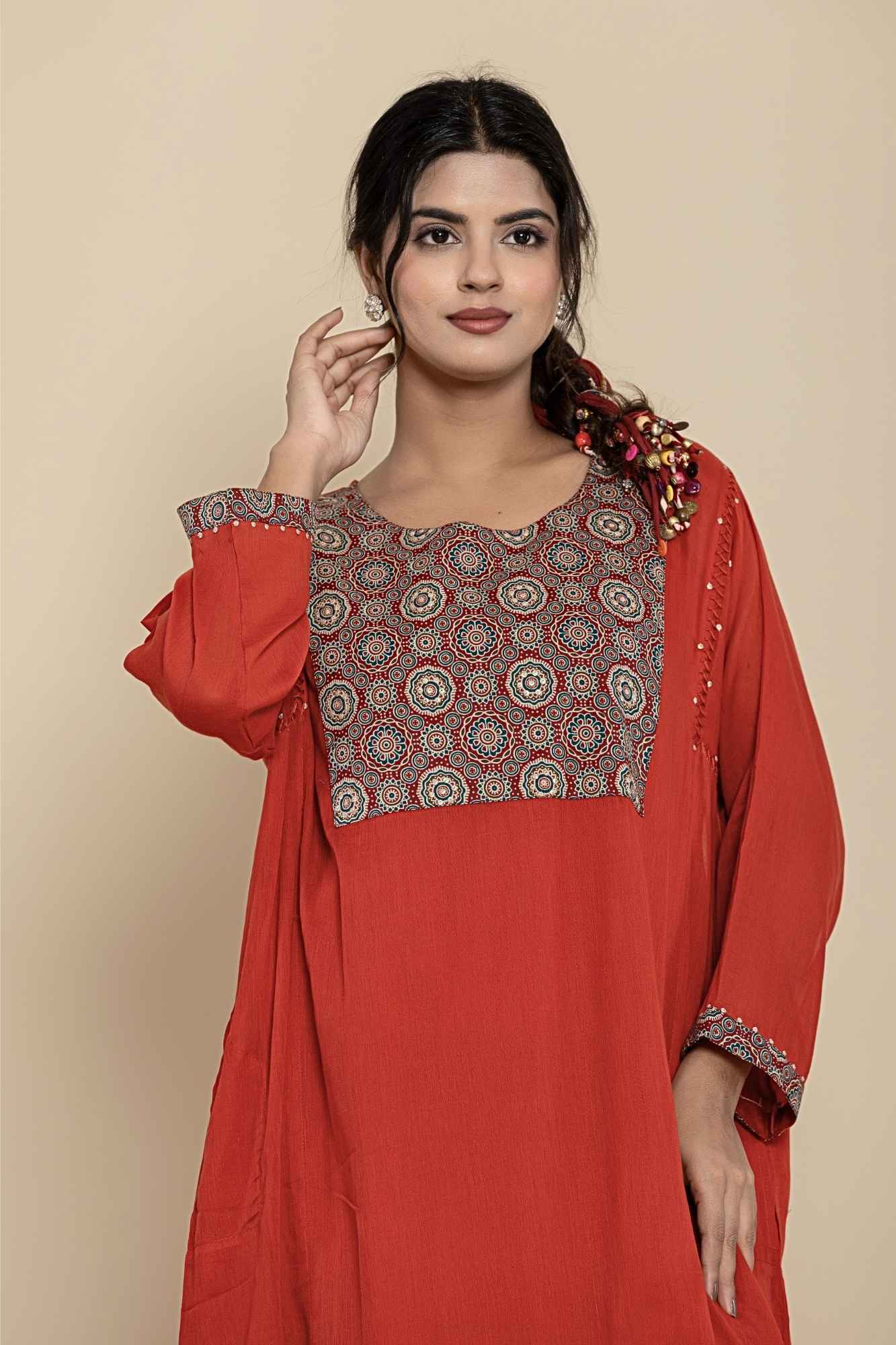 Naksh Rust Solid Cotton Mulmul(Voile) With Inner Kaftan-Dress