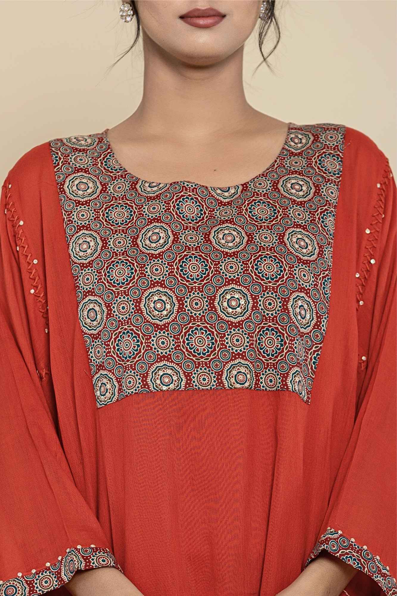 Naksh Rust Solid Cotton Mulmul(Voile) With Inner Kaftan-Dress