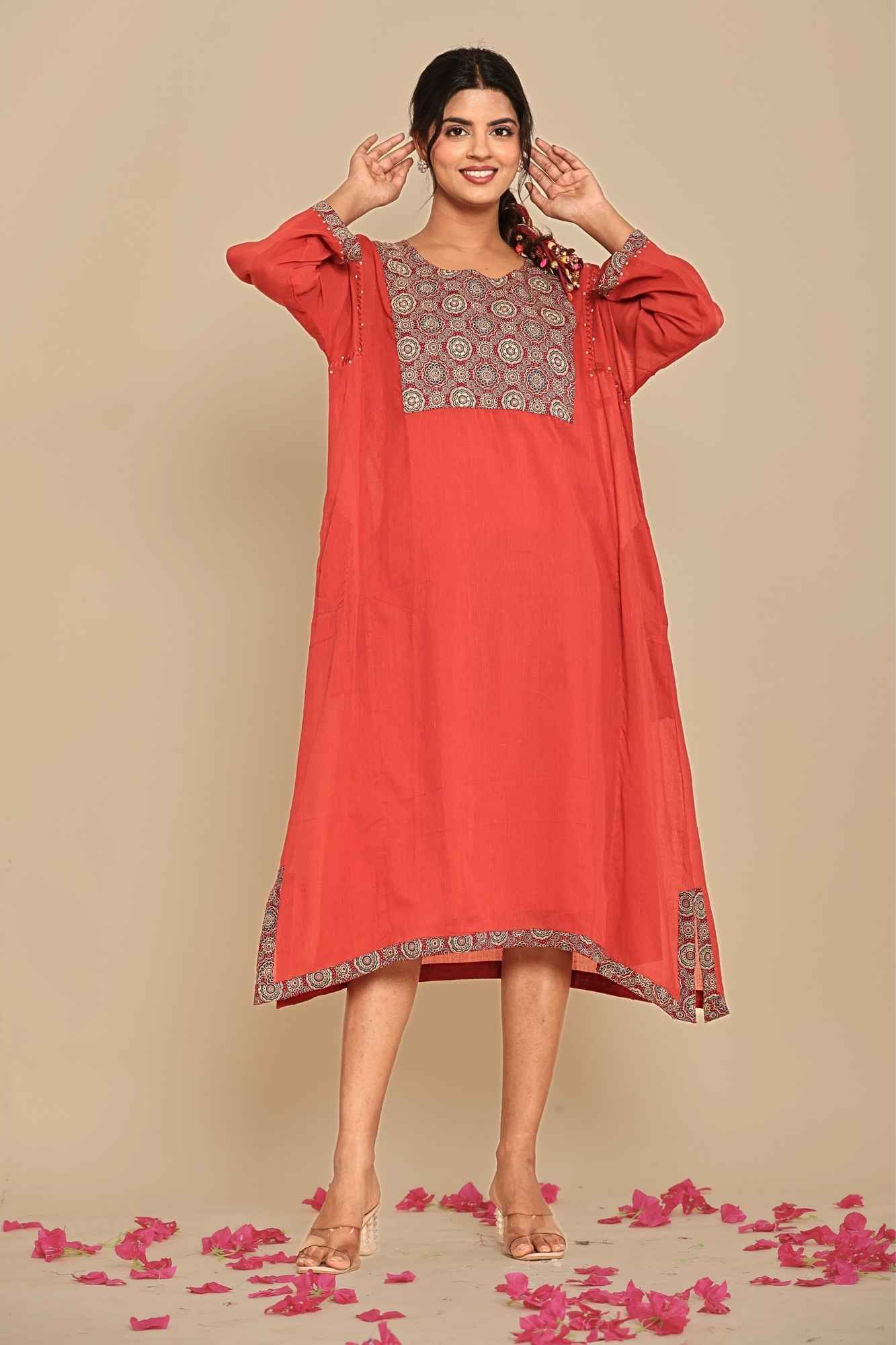 Naksh Rust Solid Cotton Mulmul(Voile) With Inner Kaftan-Dress
