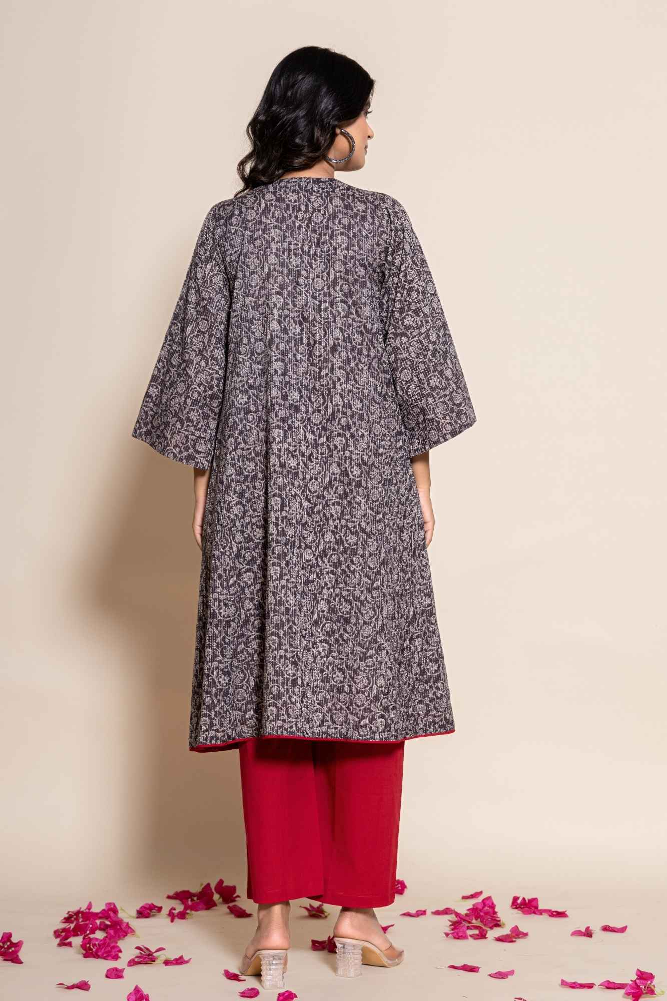 (Set of 2) Naksh Grey Katha Printed Kurta And Maroon Pants