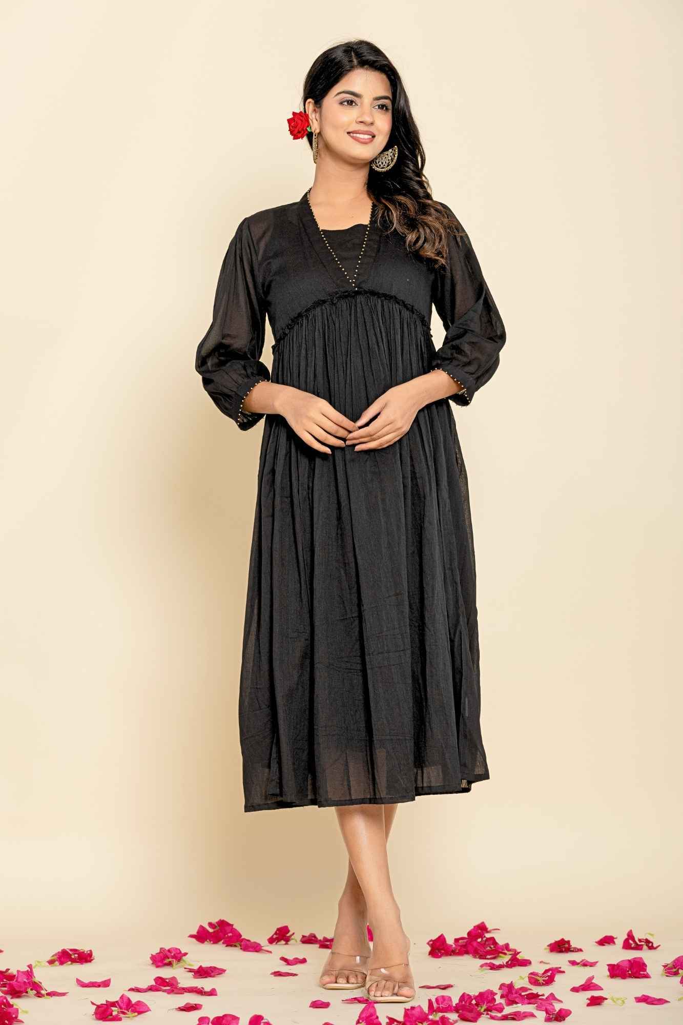 Naksh Black Mulmul Gathered Kurta-Dress