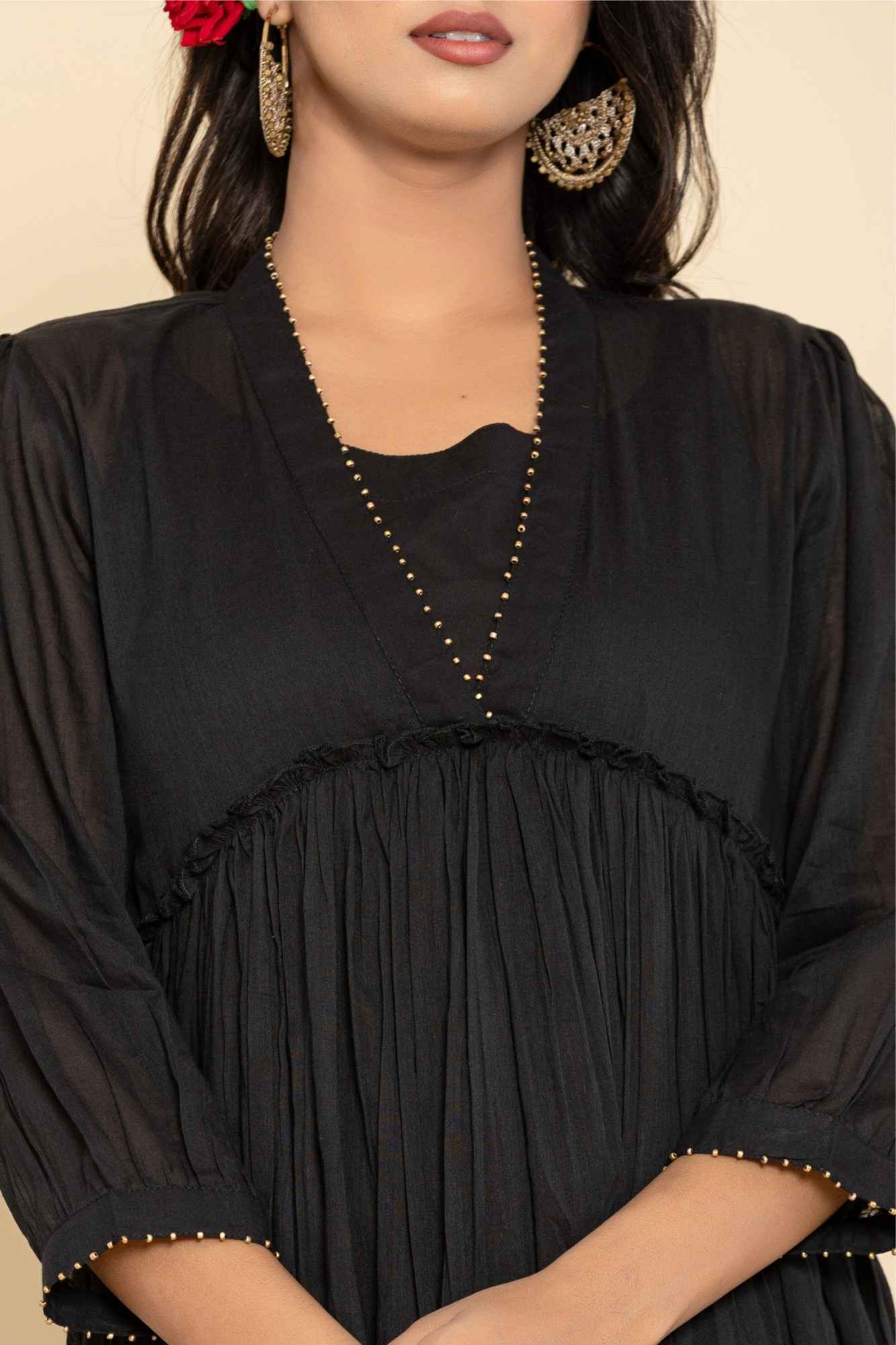 Naksh Black Mulmul Gathered Kurta-Dress