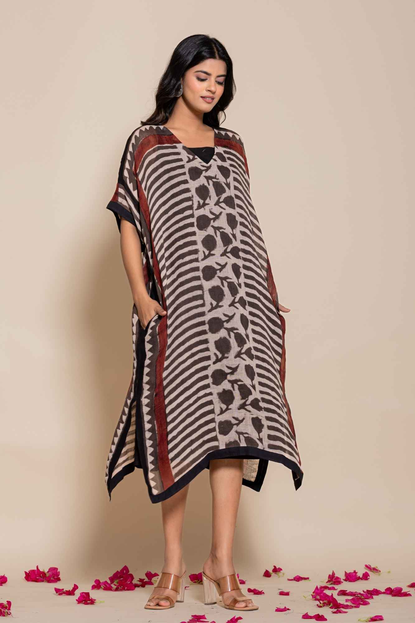 Naksh Pure Linen Free Size Brown Kaftan-Dress With Customizable Inner