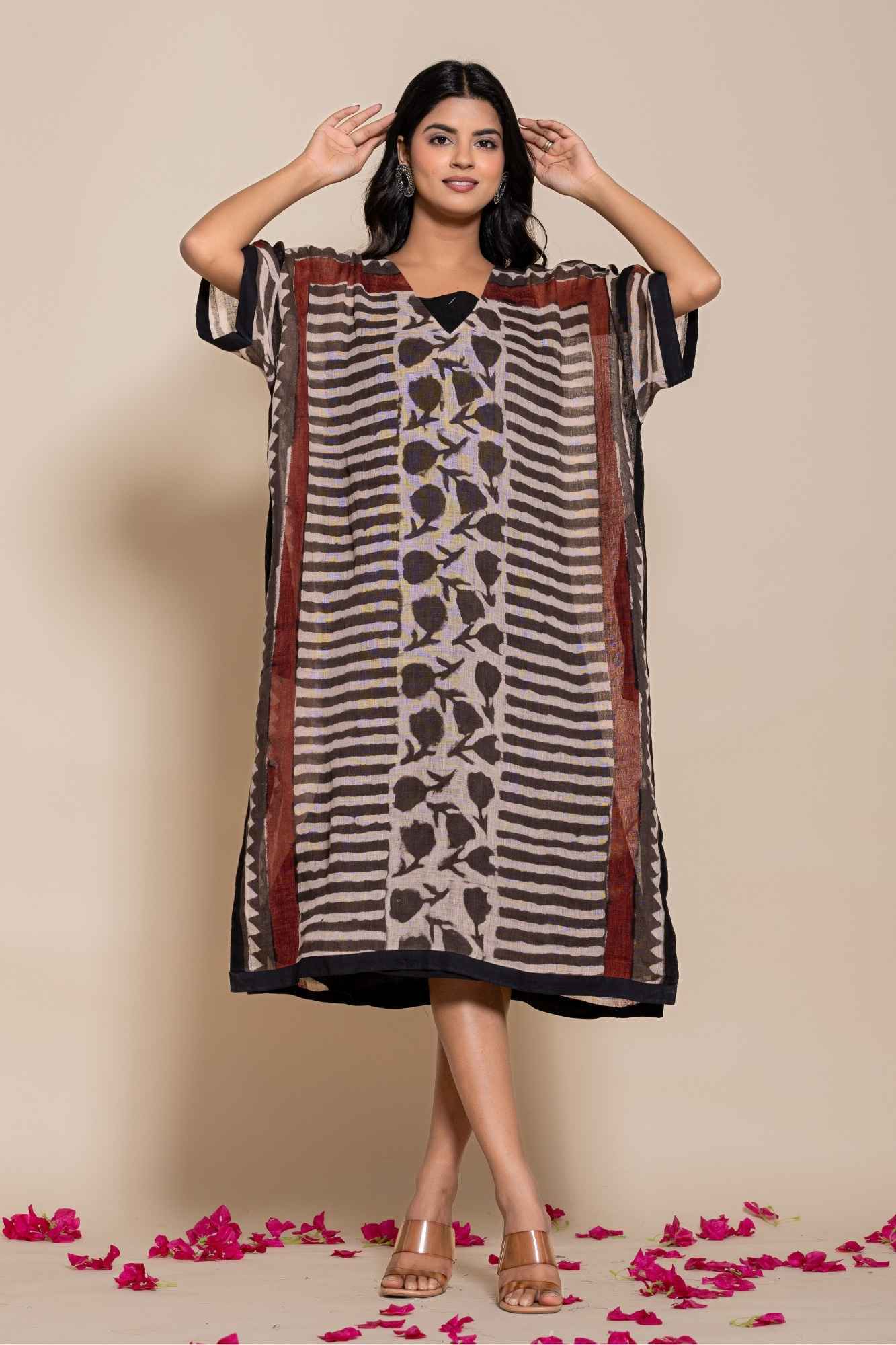 Naksh Pure Linen Free Size Brown Kaftan-Dress With Customizable Inner