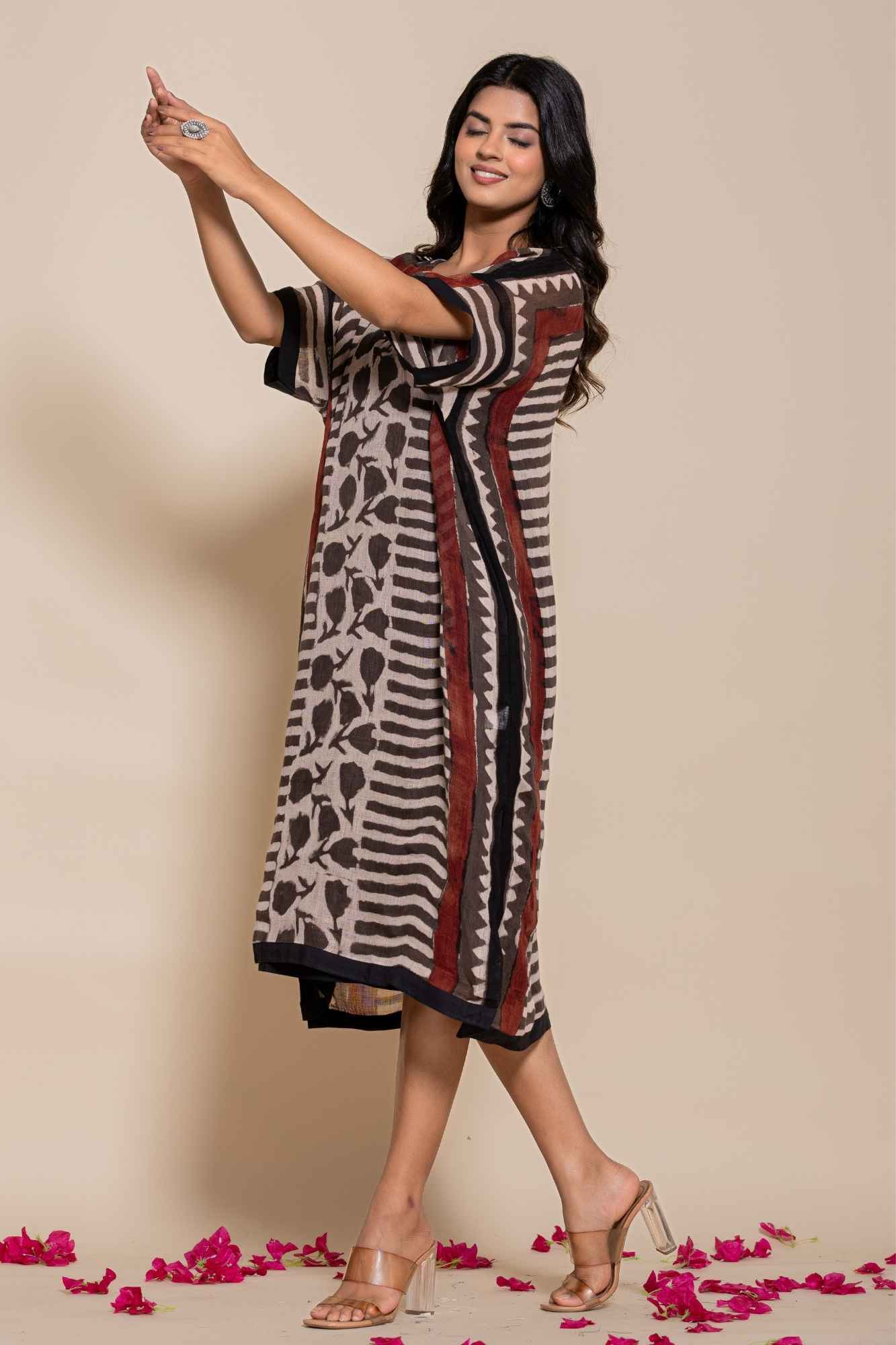 Naksh Pure Linen Free Size Brown Kaftan-Dress With Customizable Inner