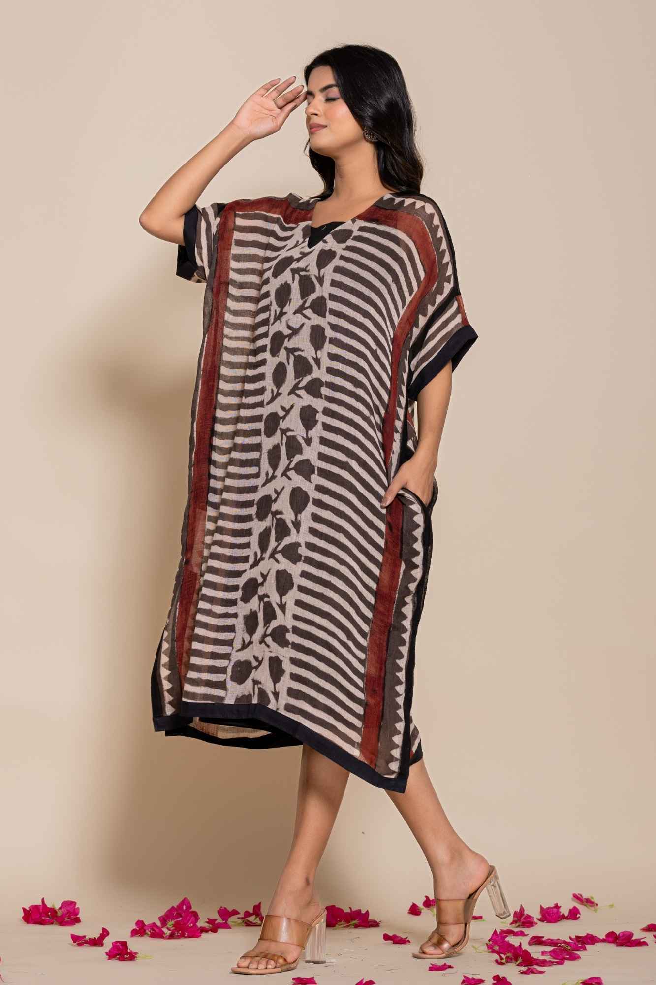 Naksh Pure Linen Free Size Brown Kaftan-Dress With Customizable Inner