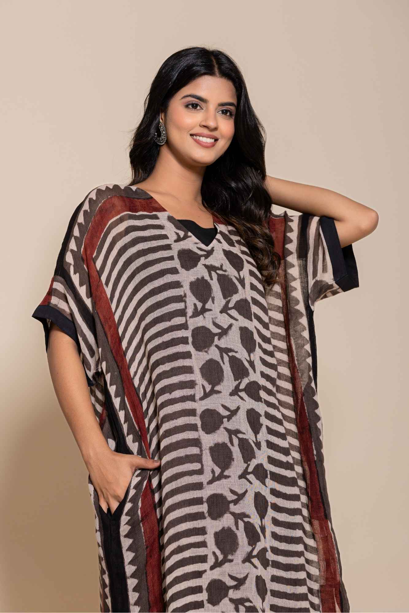 Naksh Pure Linen Free Size Brown Kaftan-Dress With Customizable Inner