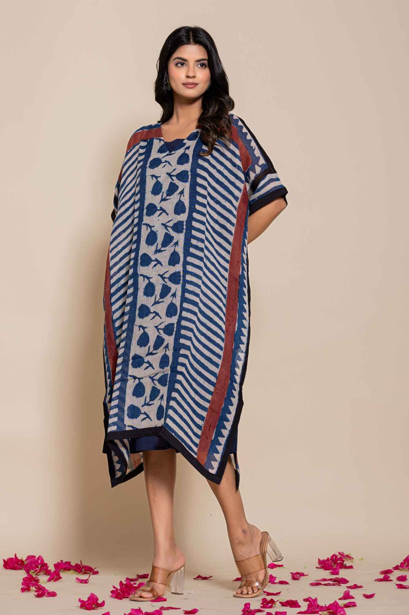 Naksh Pure Linen Free Size Blue Kaftan-Dress With Customizable Inner
