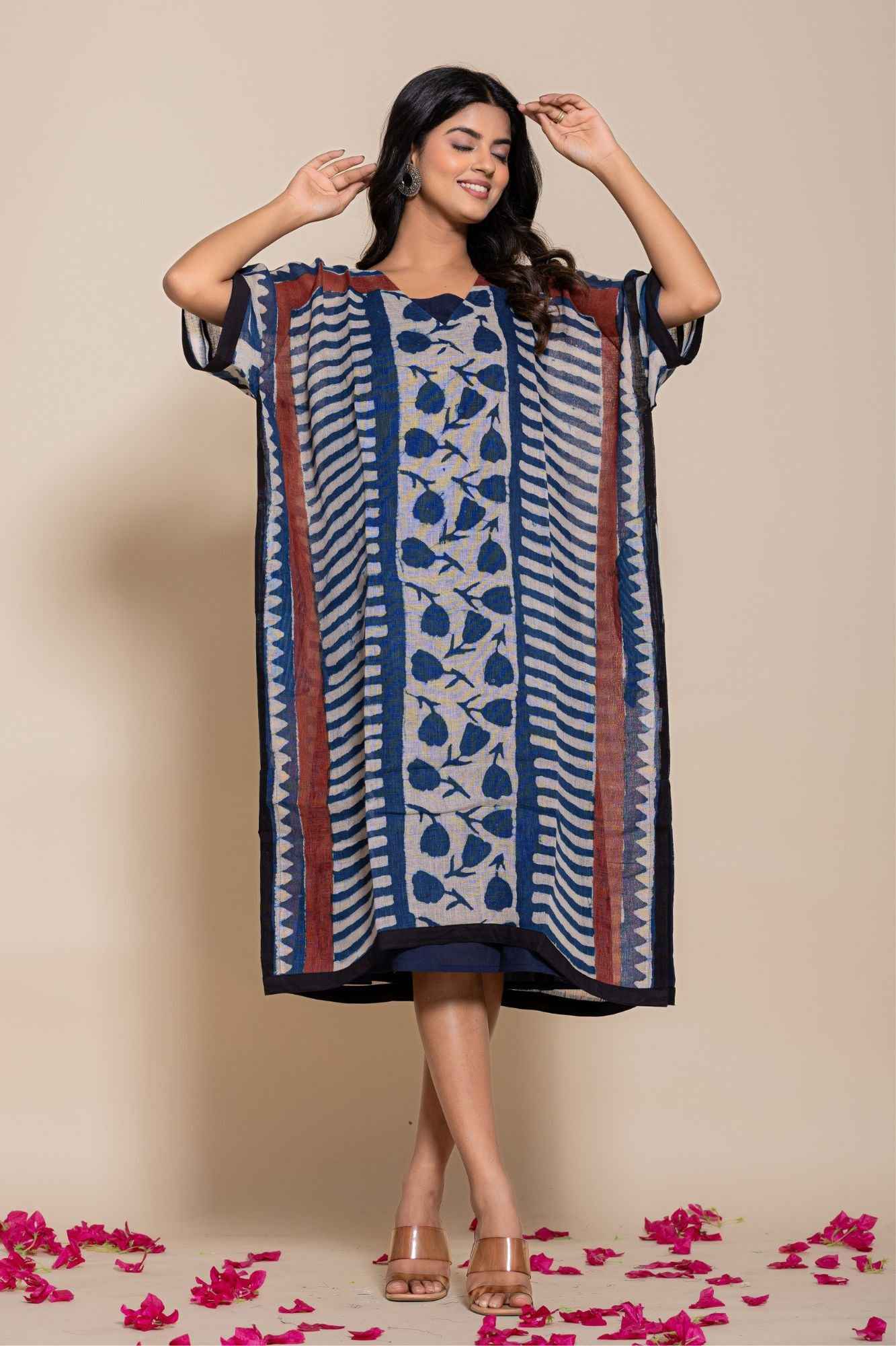 Naksh Pure Linen Free Size Blue Kaftan-Dress With Customizable Inner