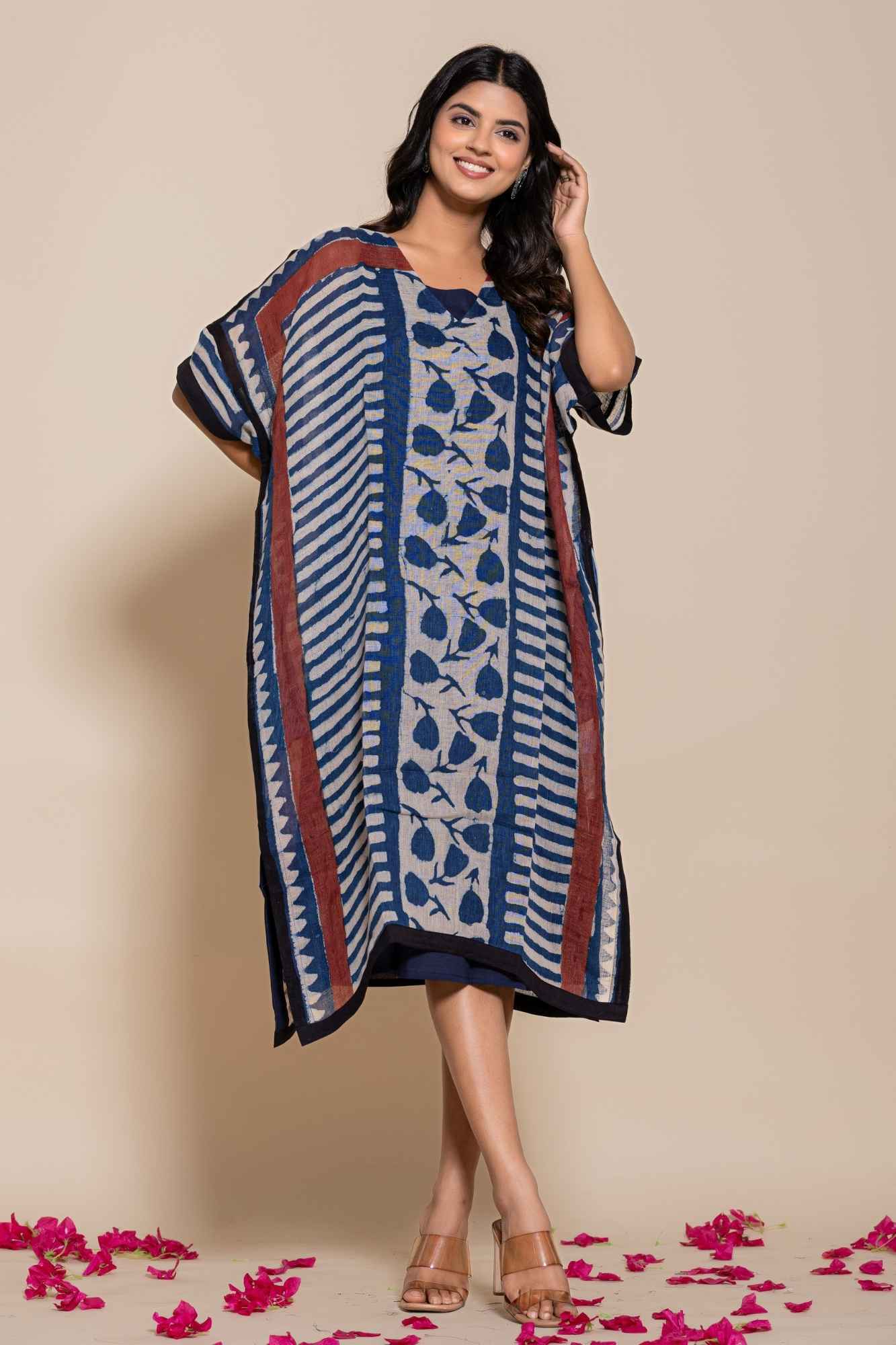 Naksh Pure Linen Free Size Blue Kaftan-Dress With Customizable Inner