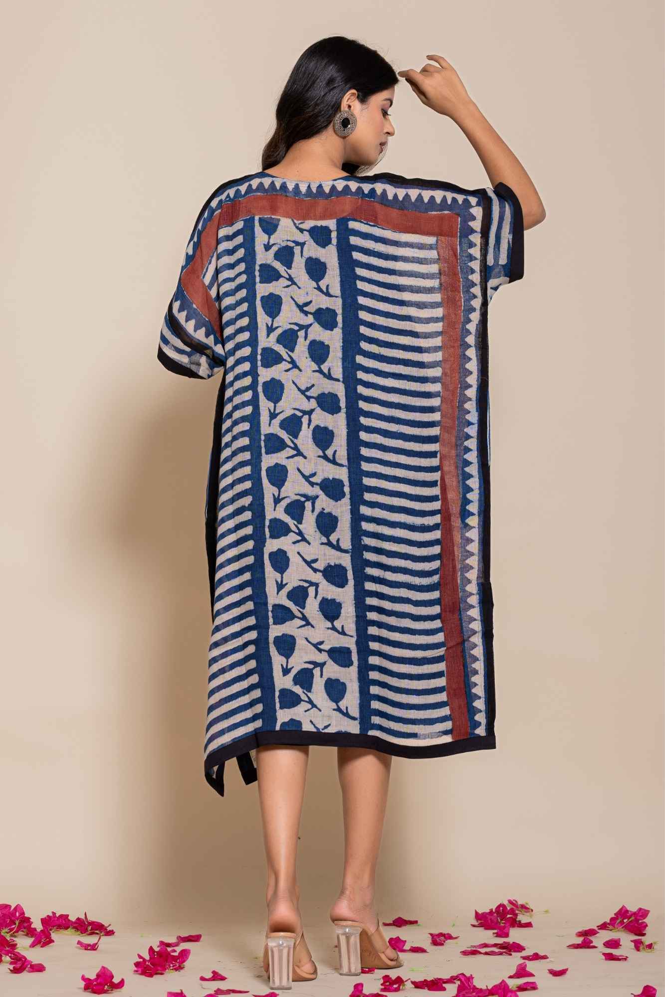 Naksh Pure Linen Free Size Blue Kaftan-Dress With Customizable Inner