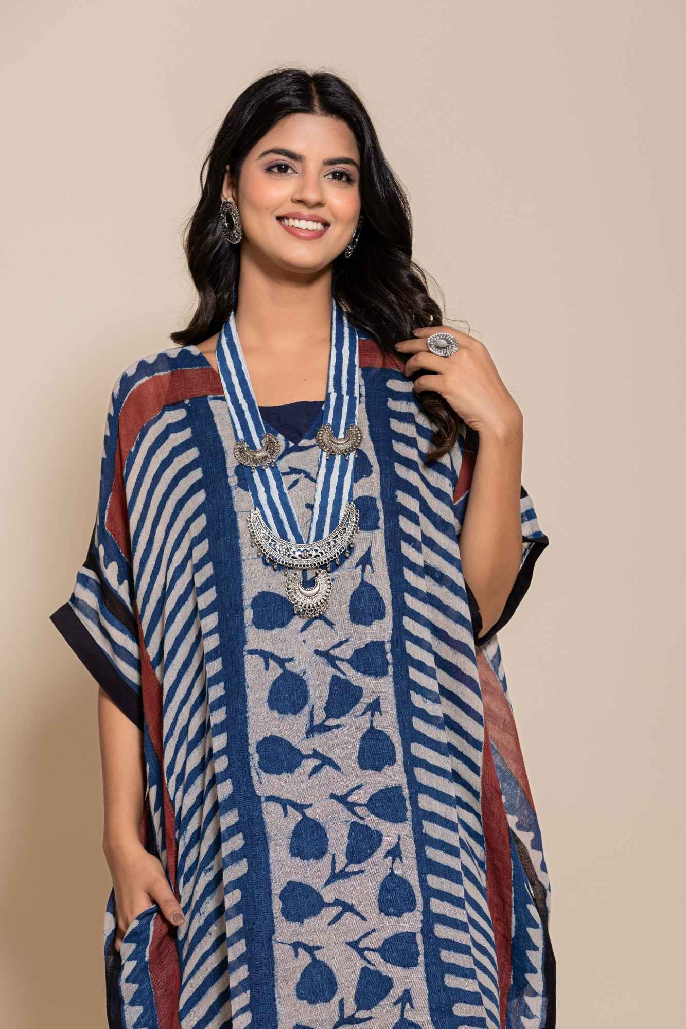 Naksh Pure Linen Free Size Blue Kaftan-Dress With Customizable Inner