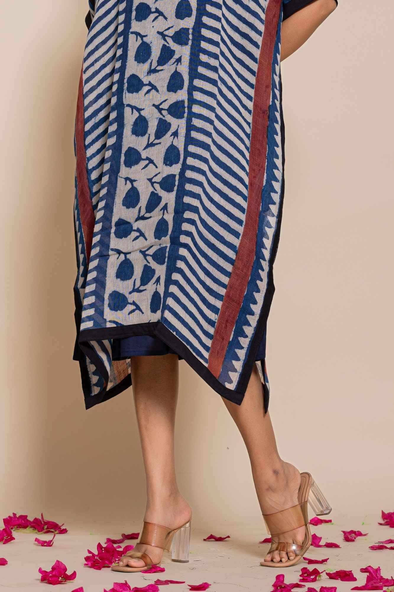 Naksh Pure Linen Free Size Blue Kaftan-Dress With Customizable Inner