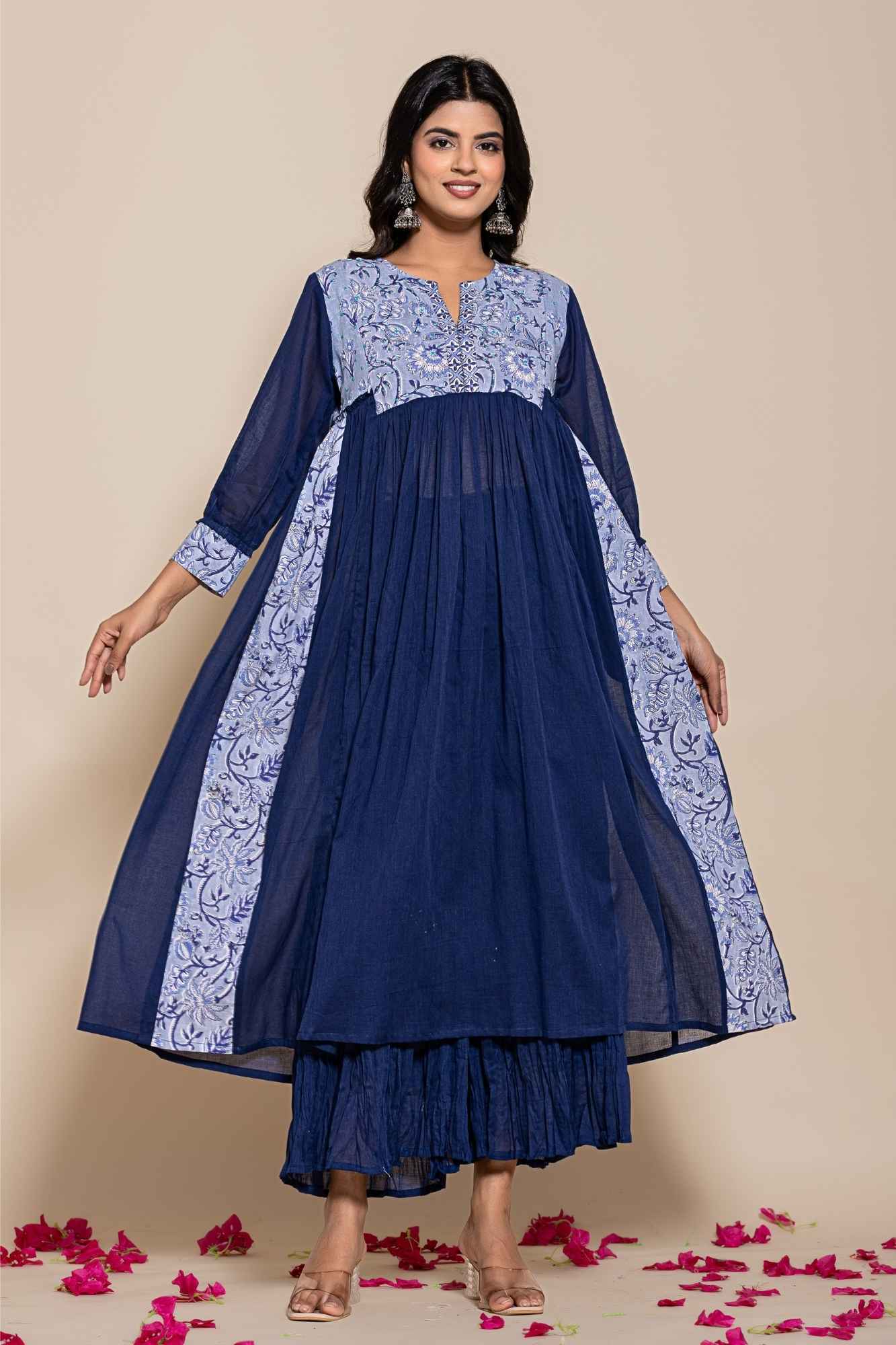 (Set of 2) Naksh Blue Cotton Voile Gathered Kurta with Sharara