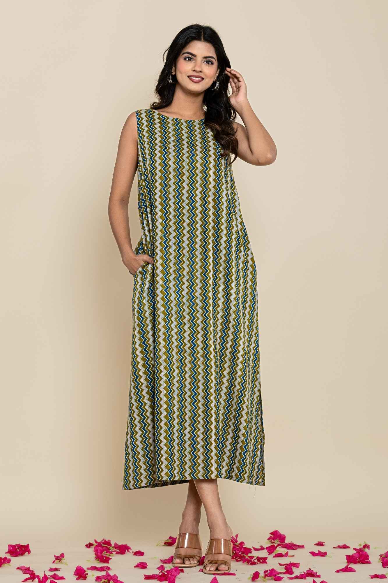 Naksh Green Zig-zag Print Cotton Sleeveless Kurta-Dress
