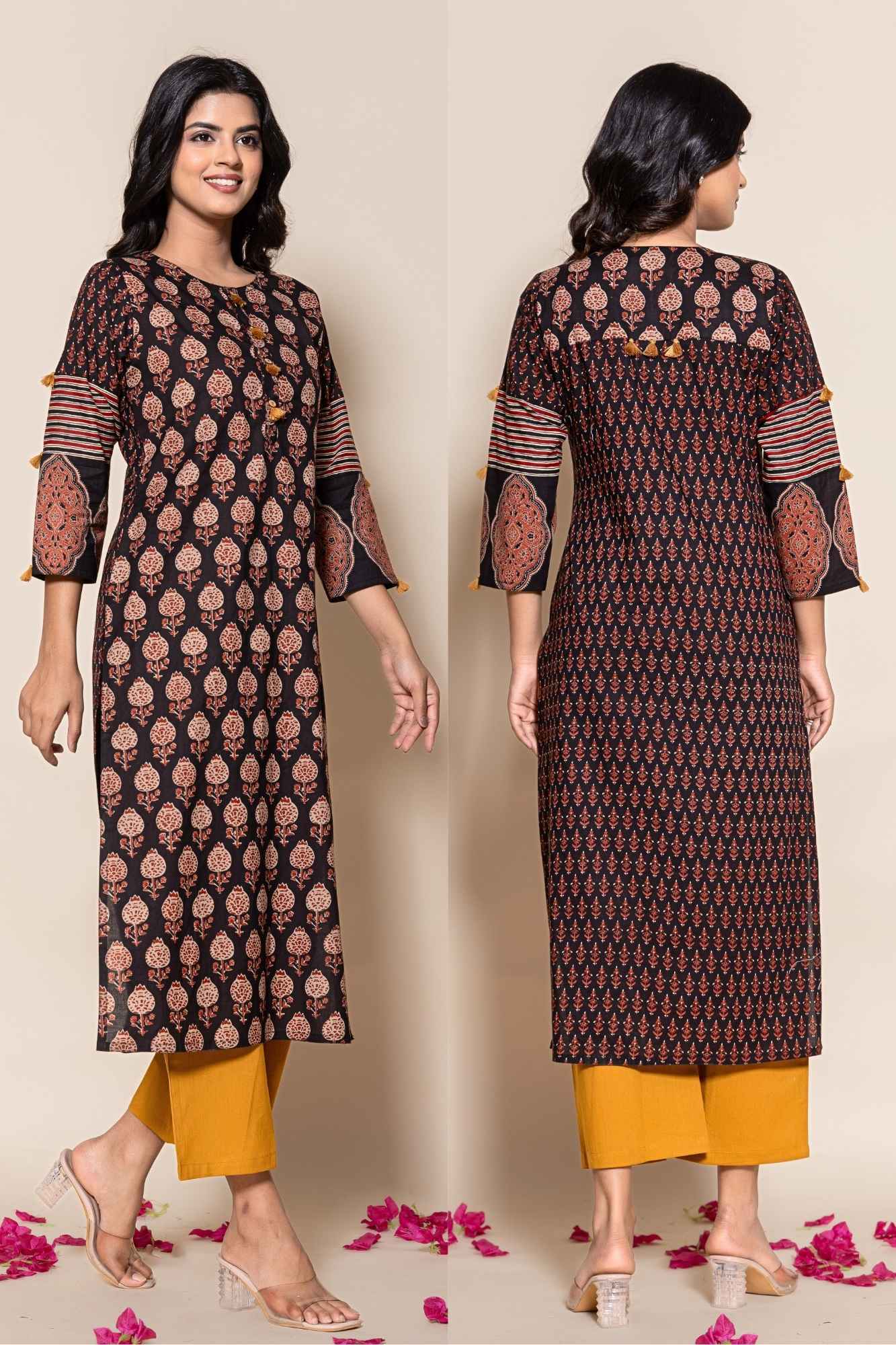 (Set of 2) Naksh Black Cotton Straight Printed Kurta and Yellow Pants