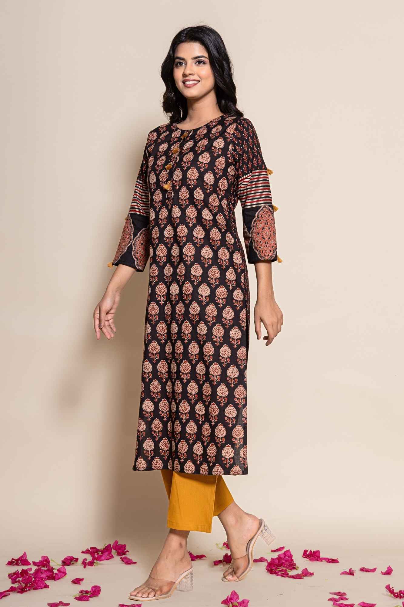 (Set of 2) Naksh Black Cotton Straight Printed Kurta and Yellow Pants