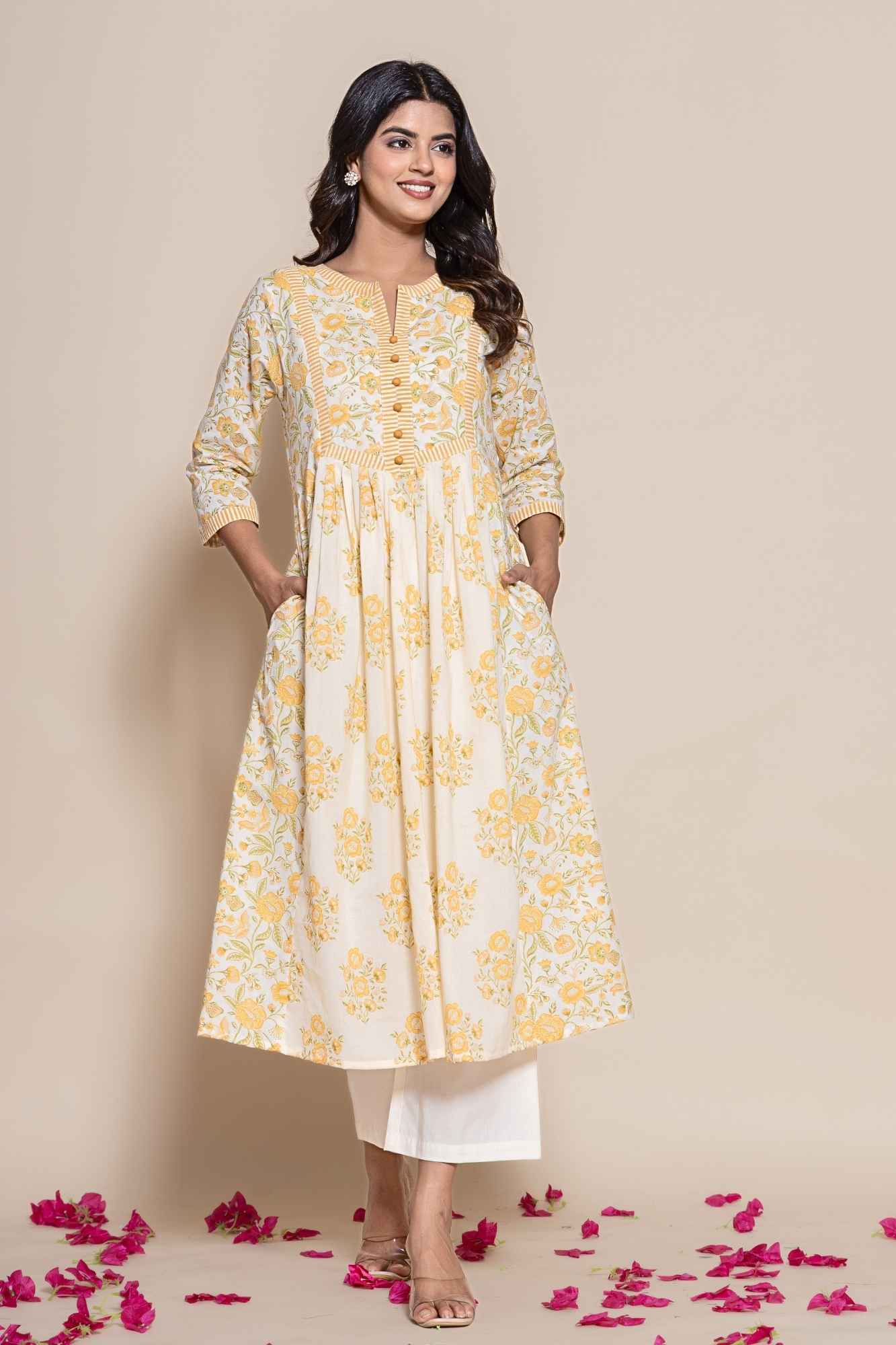 Naksh Off-White Double Printed A-Line Gathered Kurta