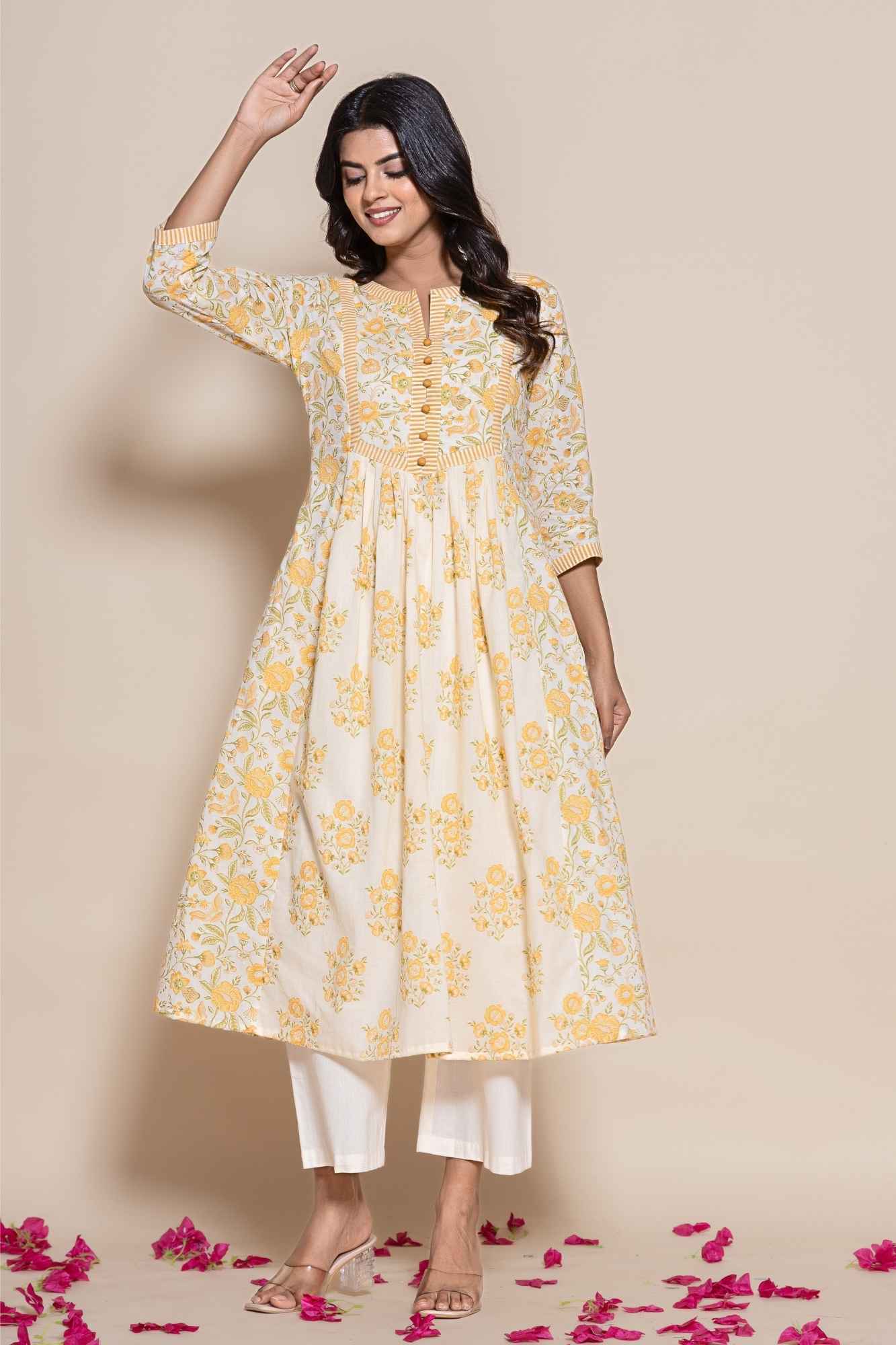 Naksh Off-White Double Printed A-Line Gathered Kurta