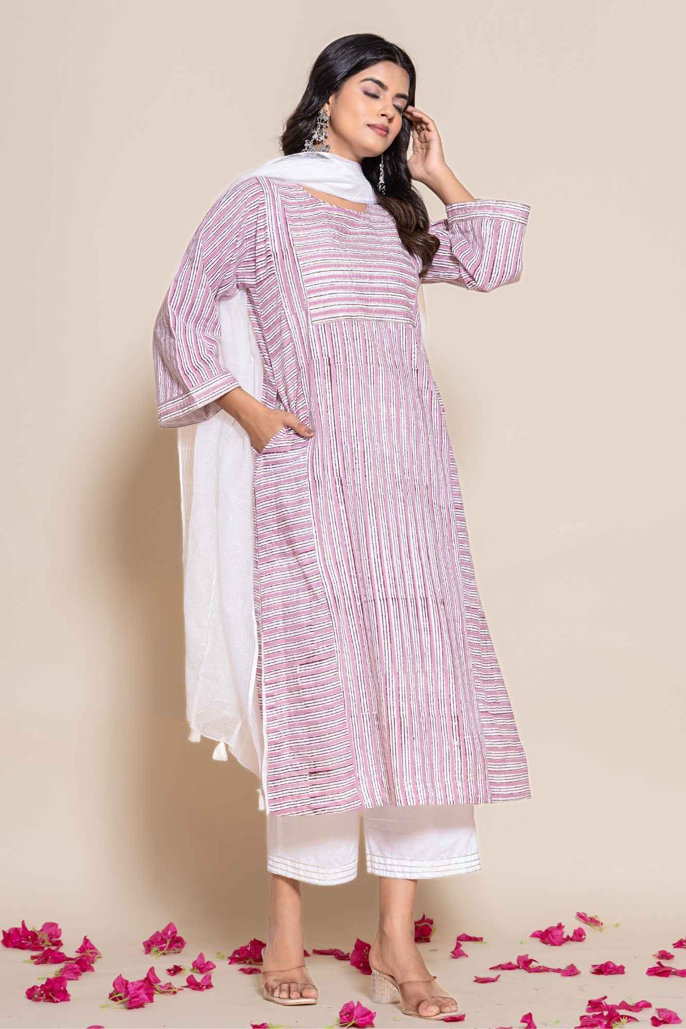 (Set of 2) Naksh Cotton Onion Pink Kurta,Pants and Dupatta