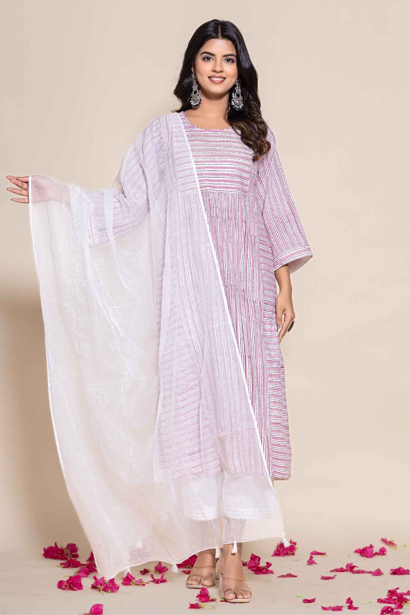 (Set of 2) Naksh Cotton Onion Pink Kurta,Pants and Dupatta