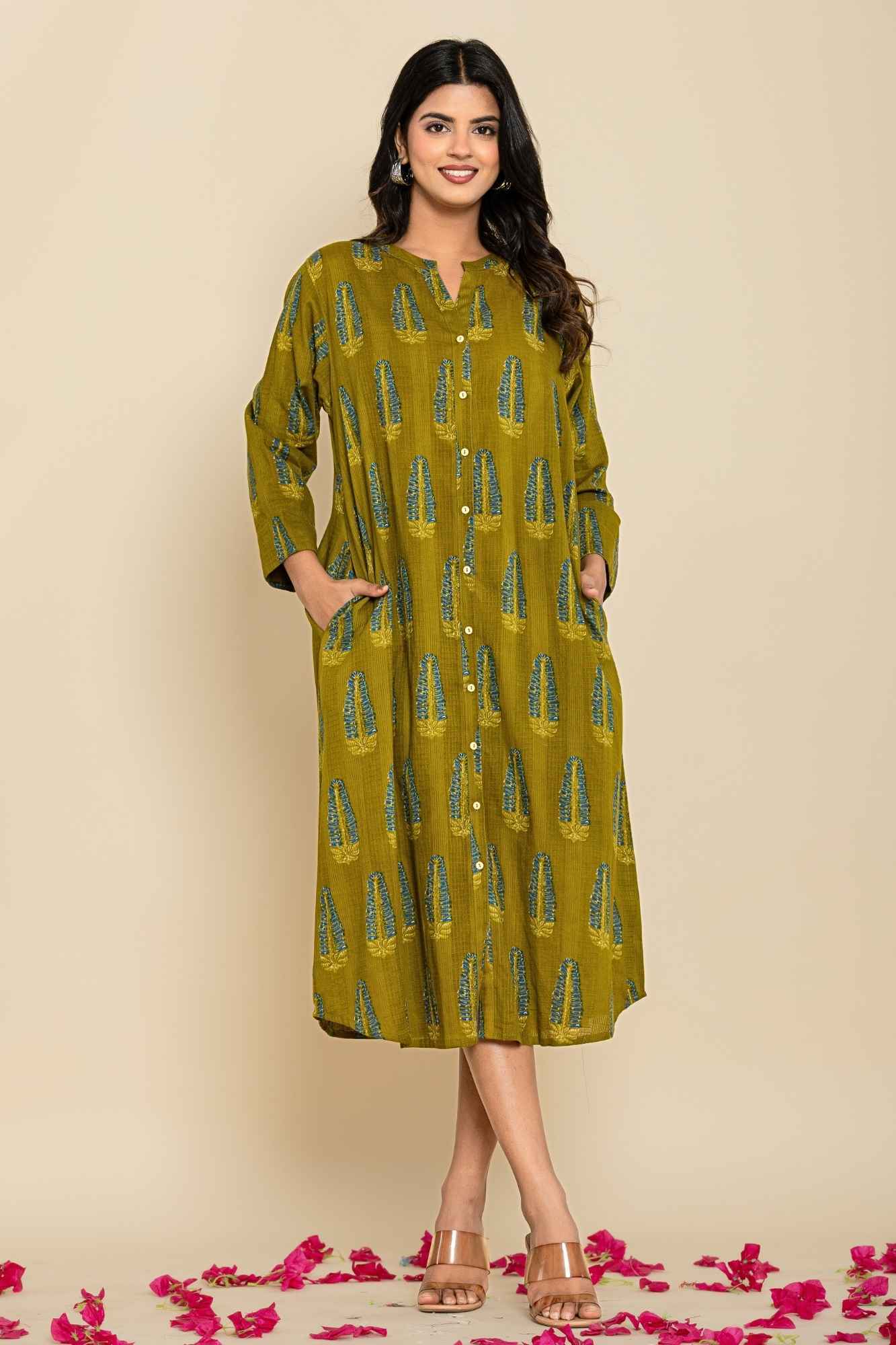 Green Blue Shirt Style Kurta-Dress