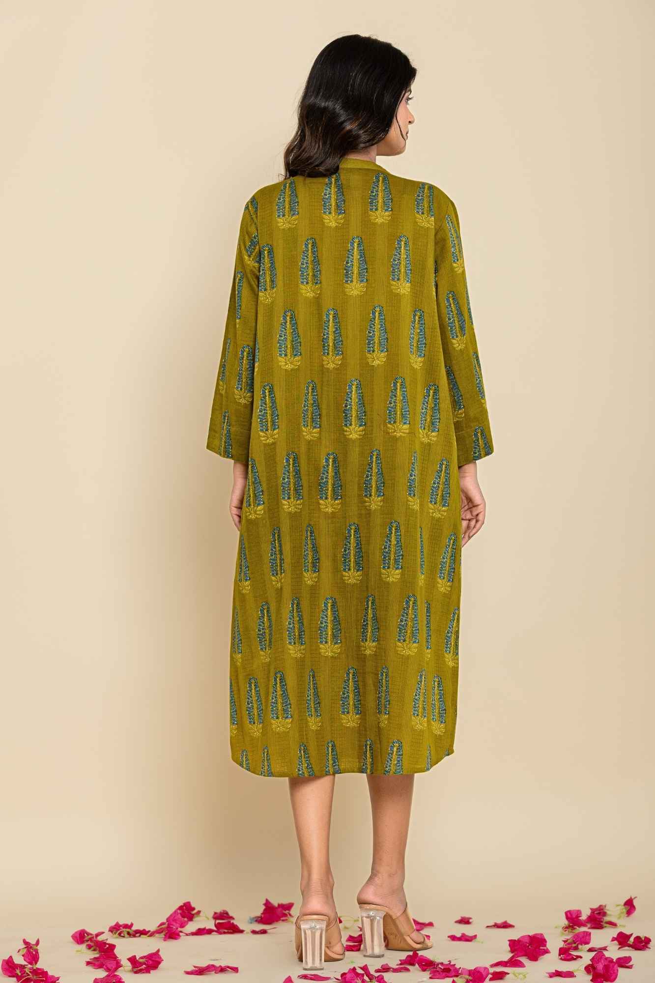 Green Blue Shirt Style Kurta-Dress